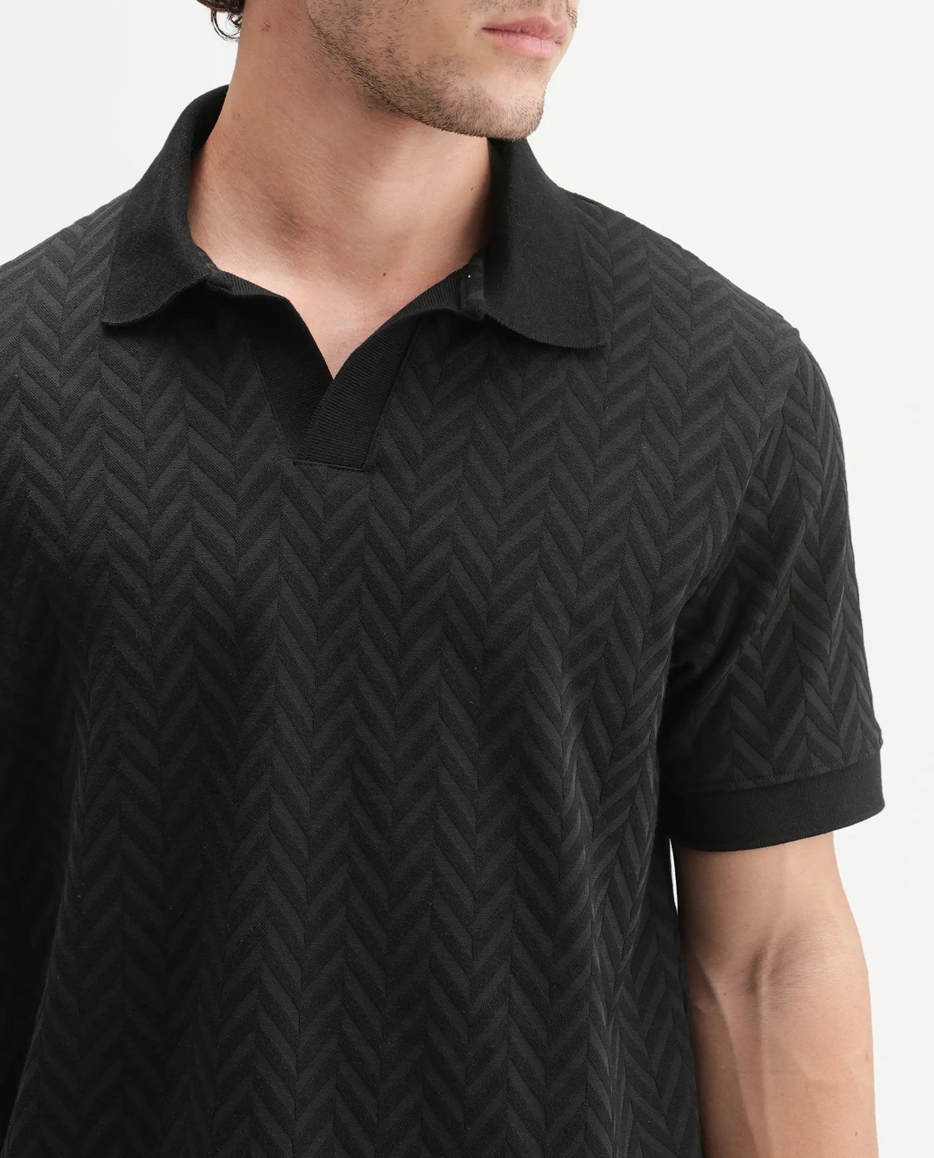 Rare Rabbit Men's Drows Black Cotton Blend Johnny Collar Regular Jacquard Polo