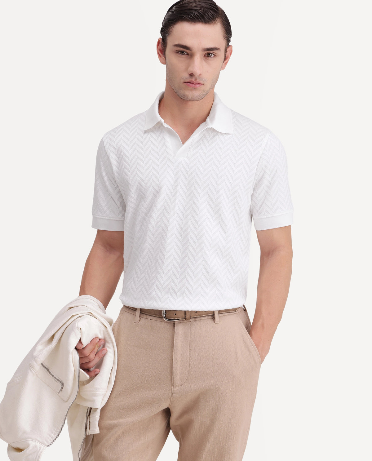 Rare Rabbit Men's Drows White Cotton Blend Johnny Collar Regular Jacquard Polo