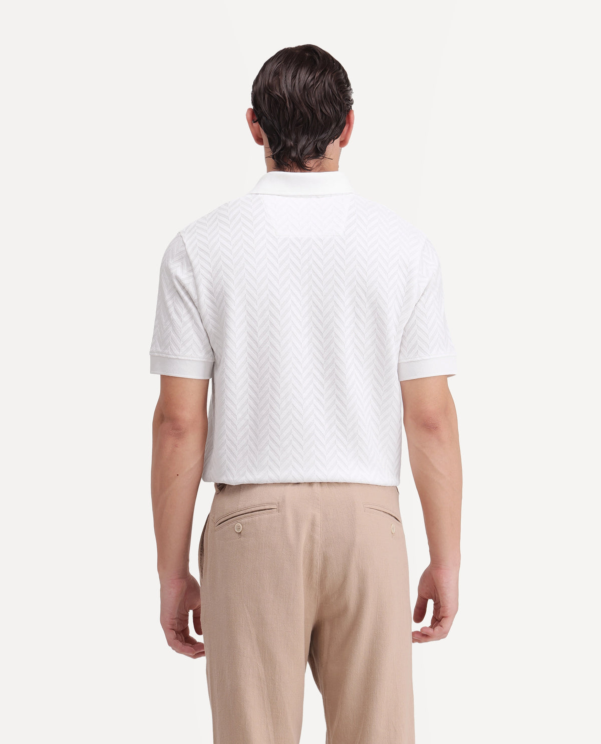 Rare Rabbit Men's Drows White Cotton Blend Johnny Collar Regular Jacquard Polo