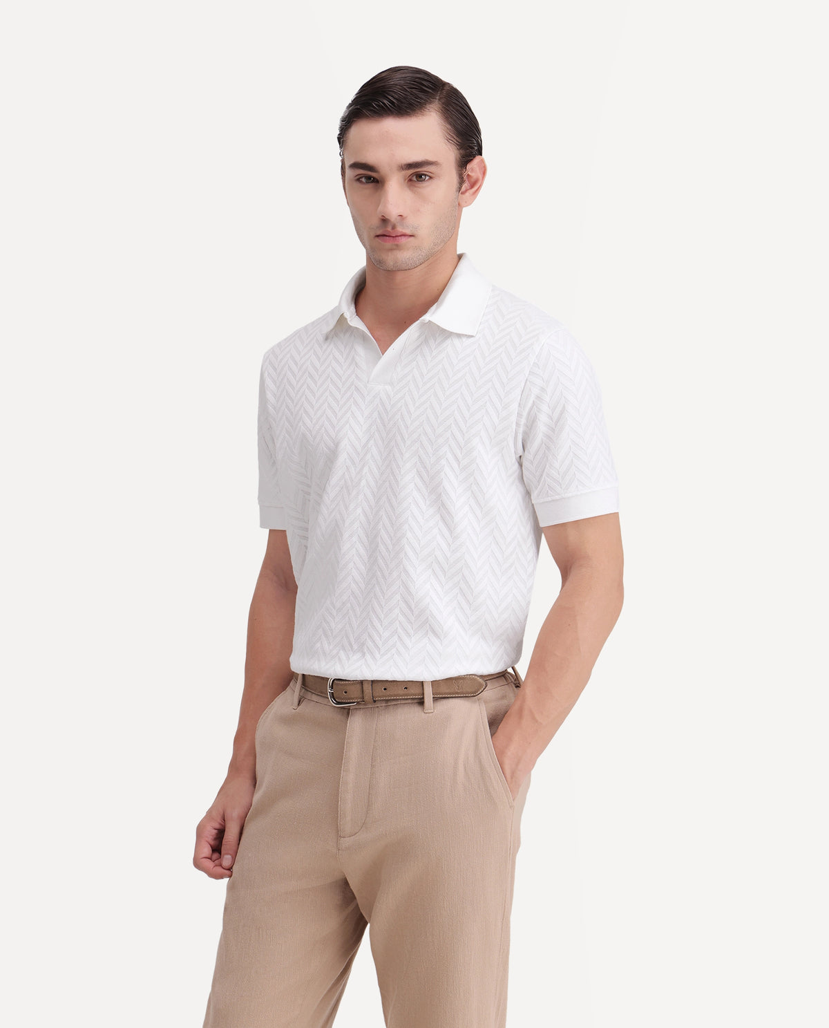 Rare Rabbit Men's Drows White Cotton Blend Johnny Collar Regular Jacquard Polo