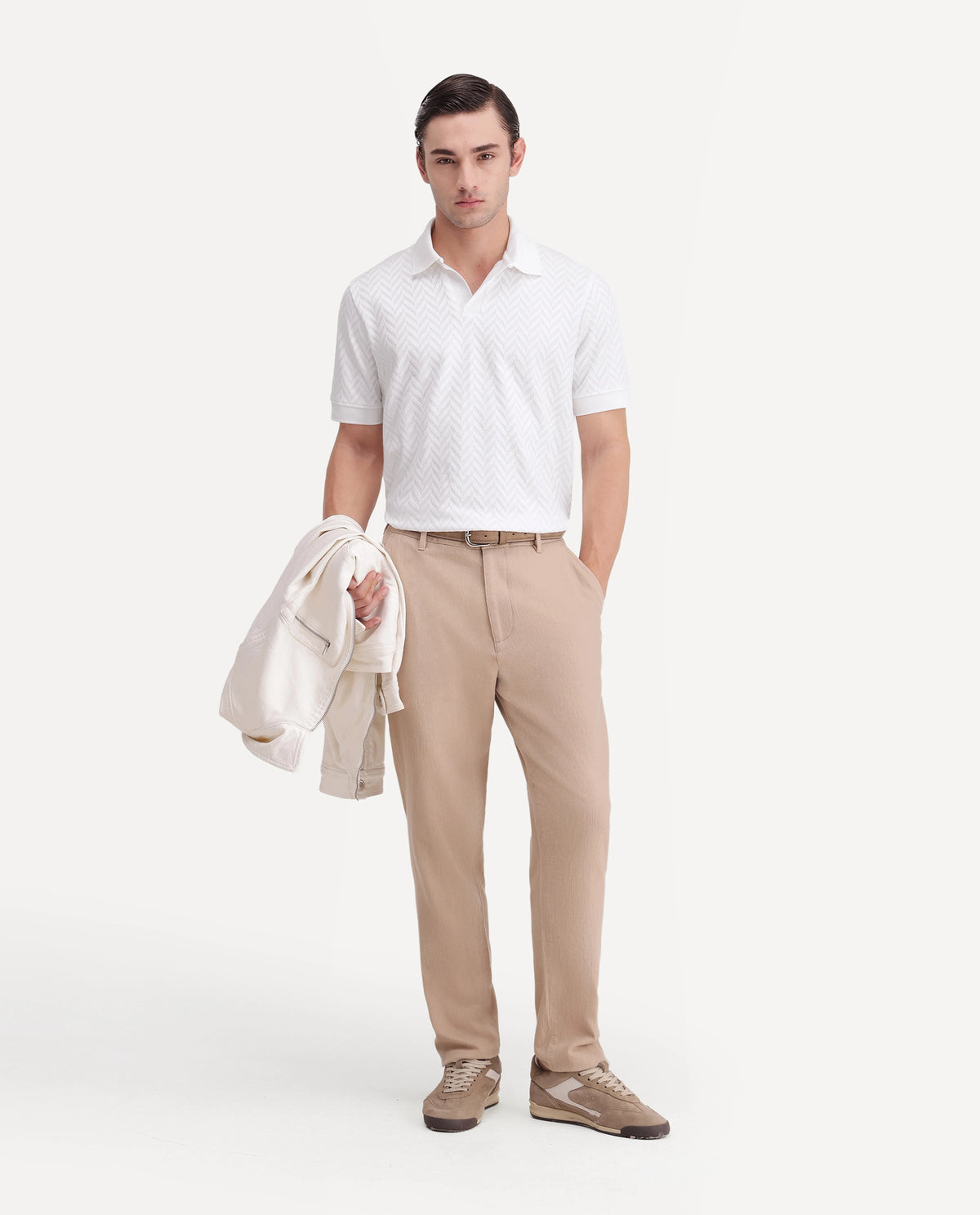 Rare Rabbit Men's Drows White Cotton Blend Johnny Collar Regular Jacquard Polo