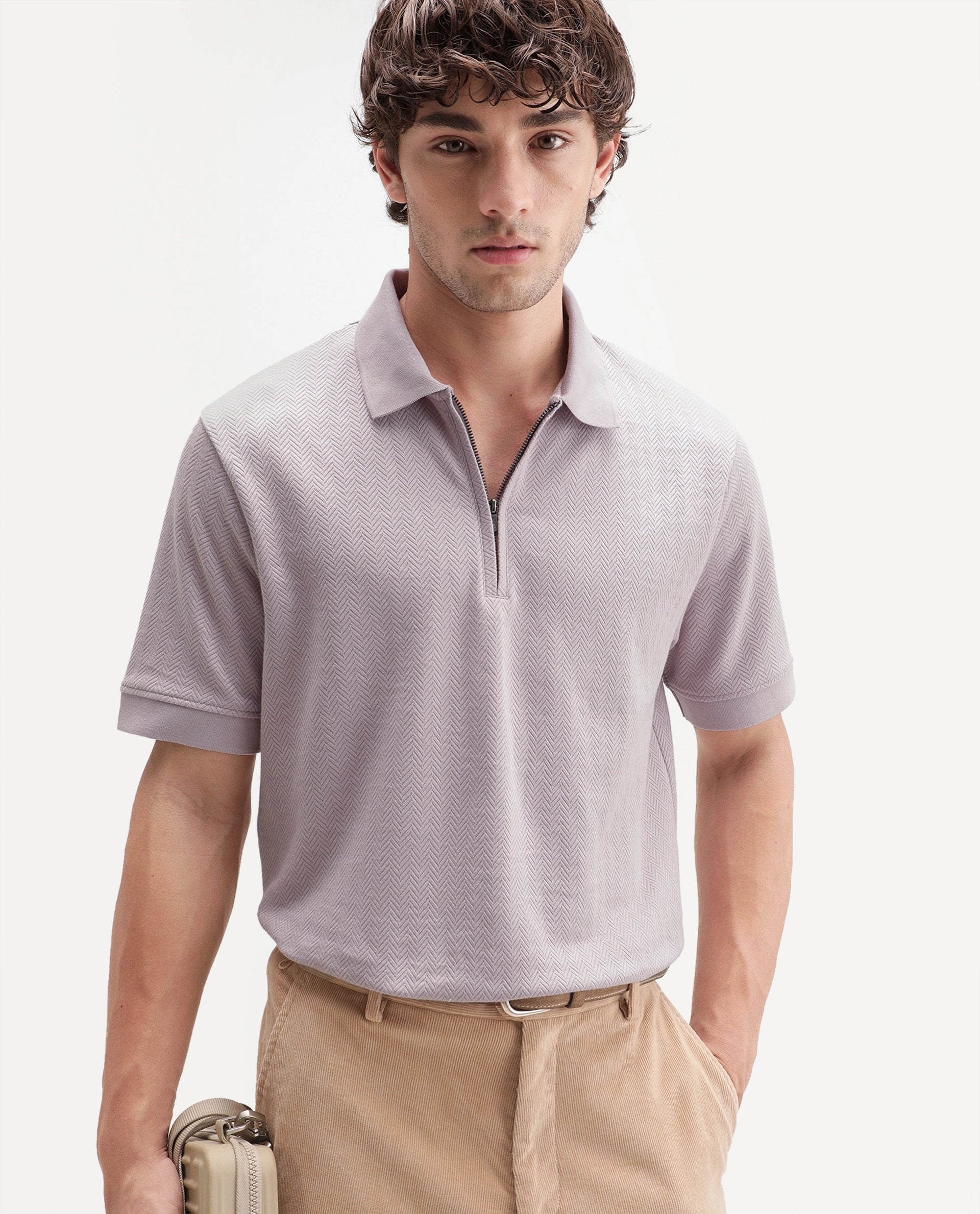 Rare Rabbit Men's Giov-P Light Pink Cotton Blend Spread Collar Regular Jacquard Polo