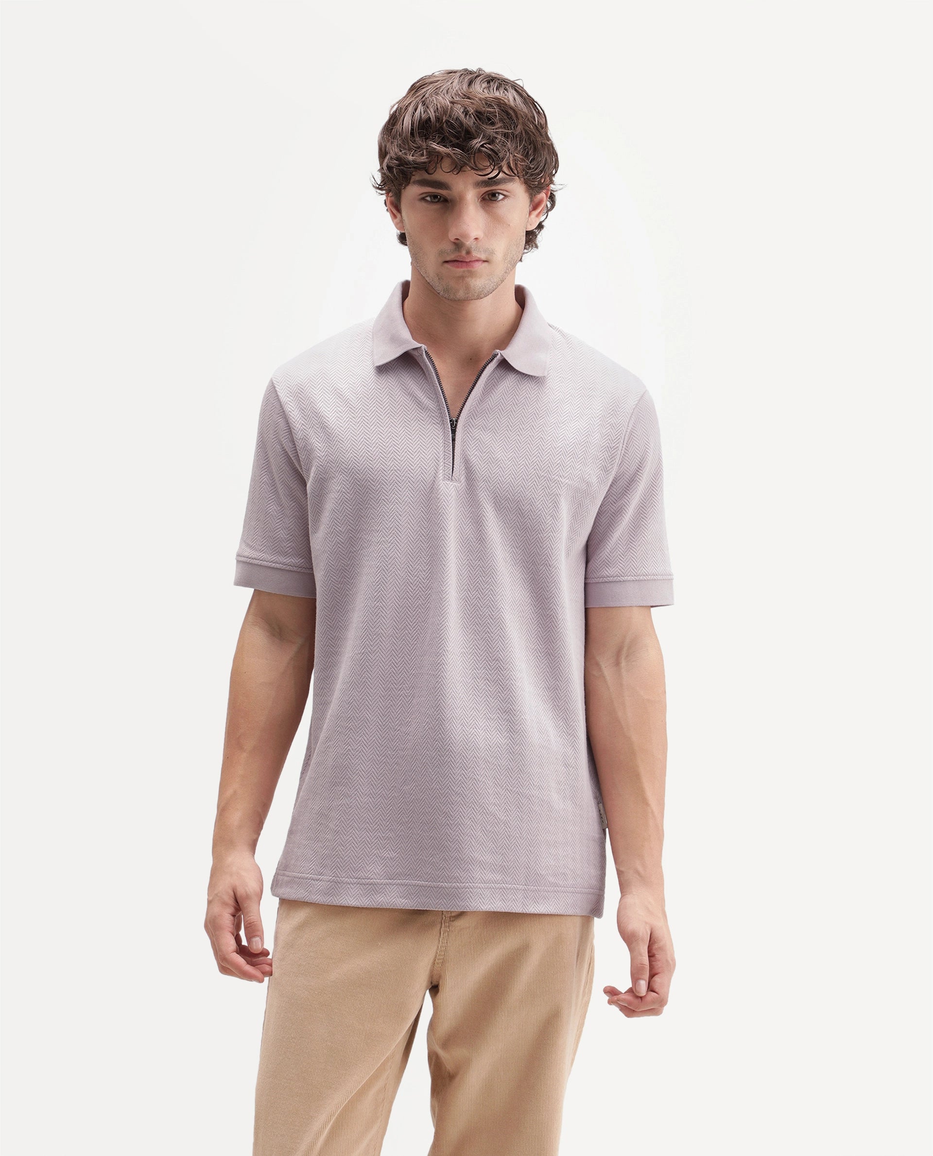 Rare Rabbit Men's Giov-P Light Pink Cotton Blend Spread Collar Regular Jacquard Polo