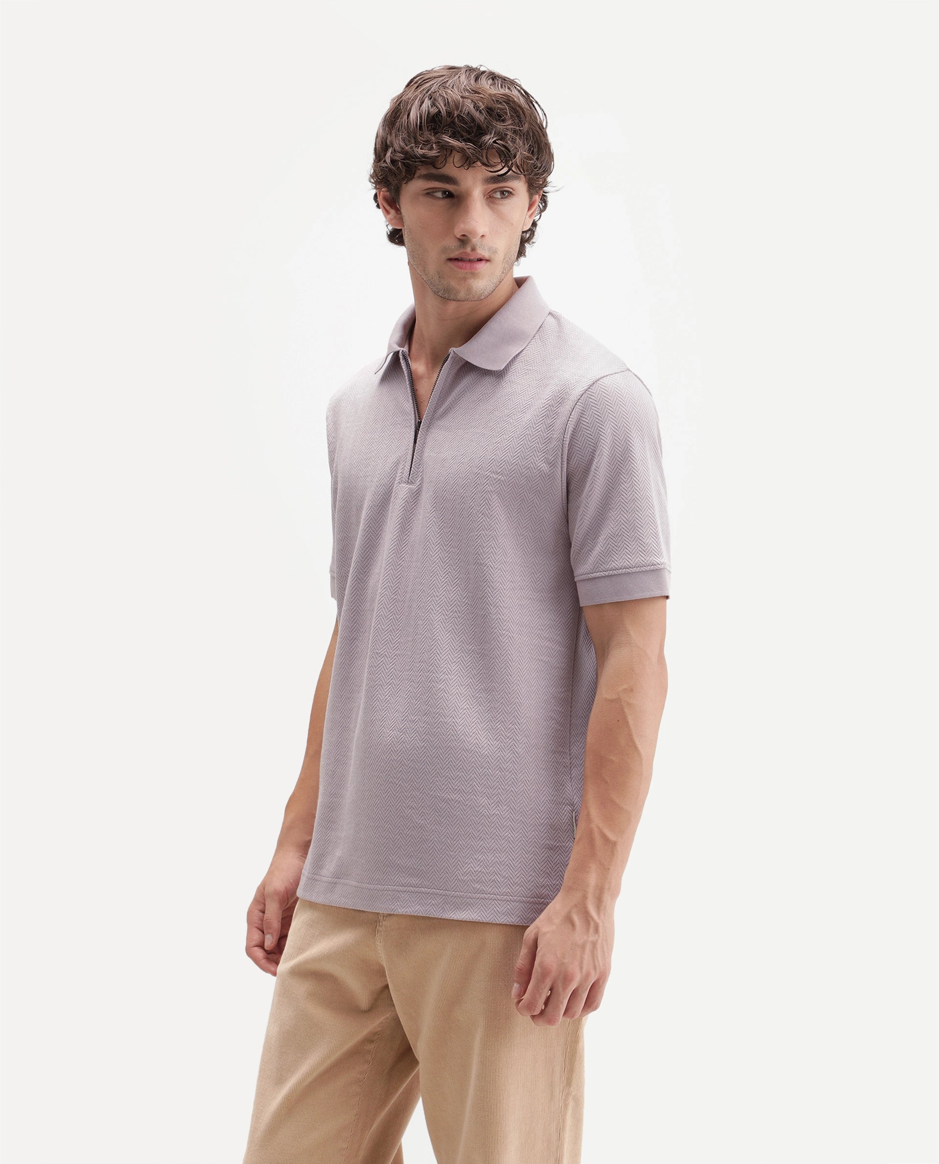 Rare Rabbit Men's Giov-P Light Pink Cotton Blend Spread Collar Regular Jacquard Polo