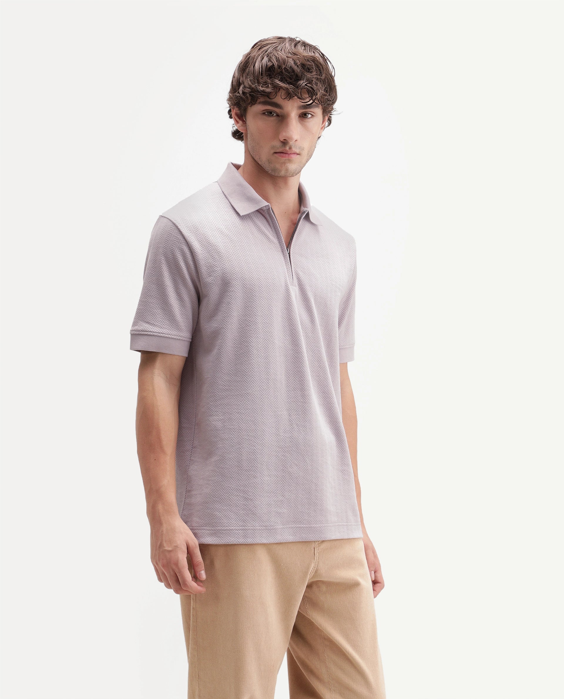 Rare Rabbit Men's Giov-P Light Pink Cotton Blend Spread Collar Regular Jacquard Polo