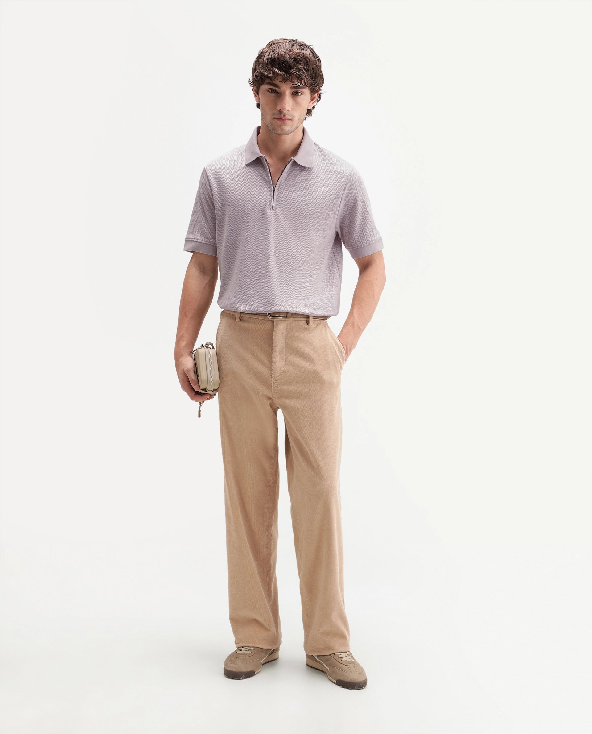 Rare Rabbit Men's Giov-P Light Pink Cotton Blend Spread Collar Regular Jacquard Polo