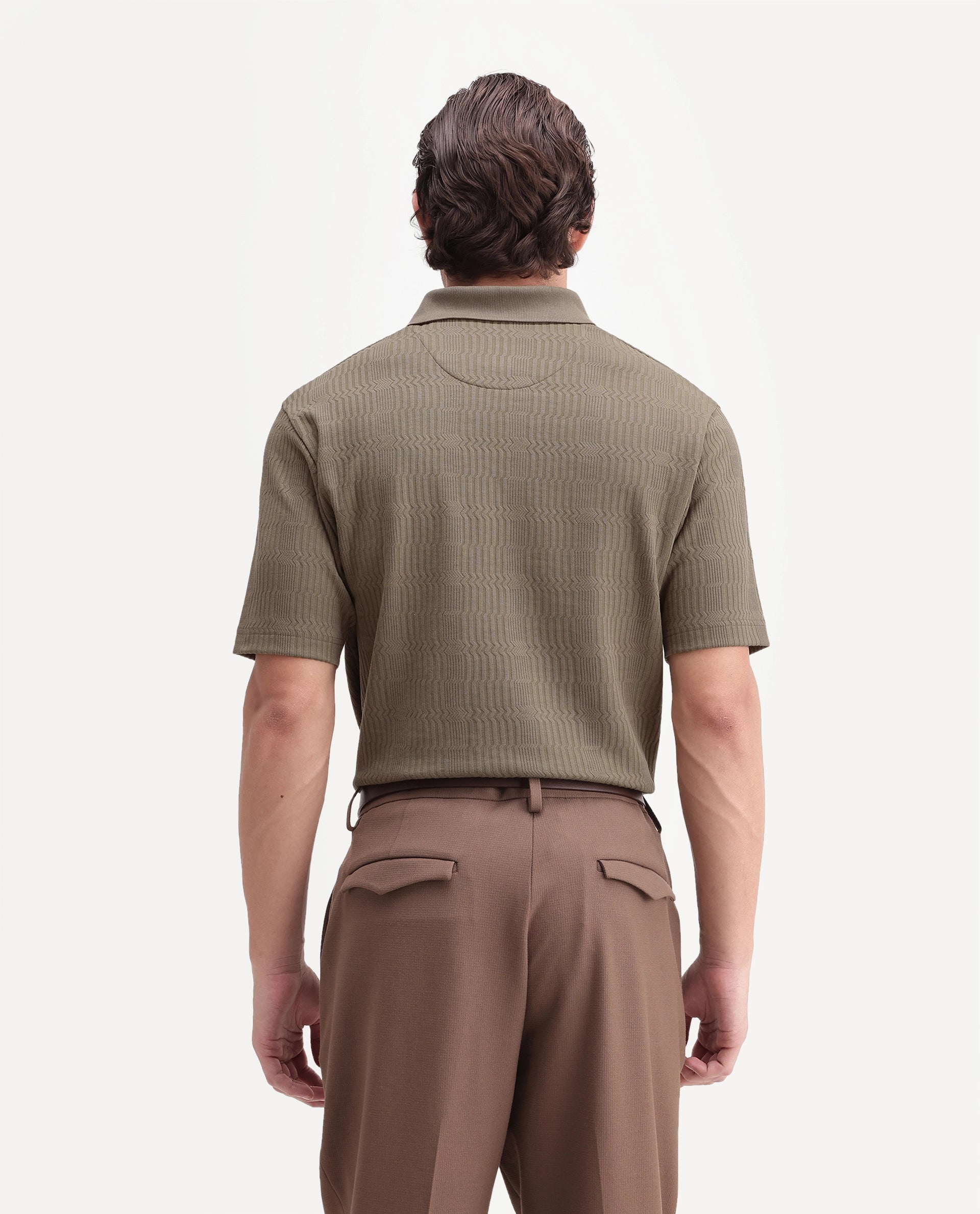Rare Rabbit Men's Jacks Brown Cotton Blend Spread Collar Regular Jacquard Polo