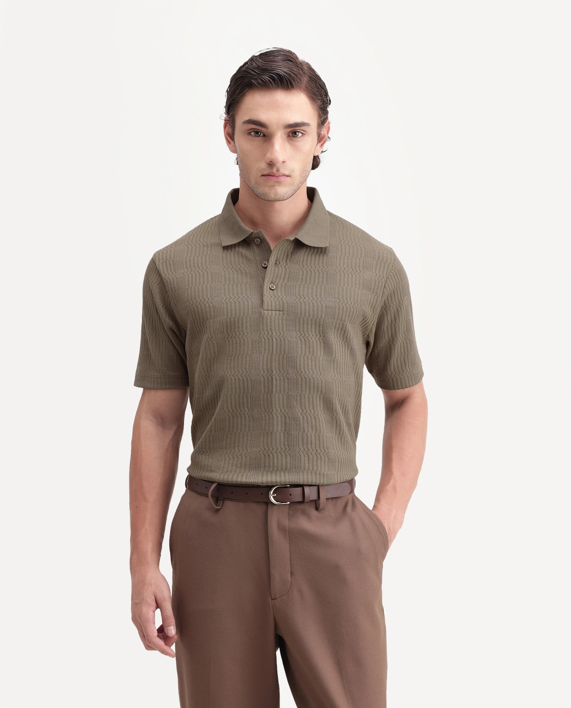 Rare Rabbit Men's Jacks Brown Cotton Blend Spread Collar Regular Jacquard Polo