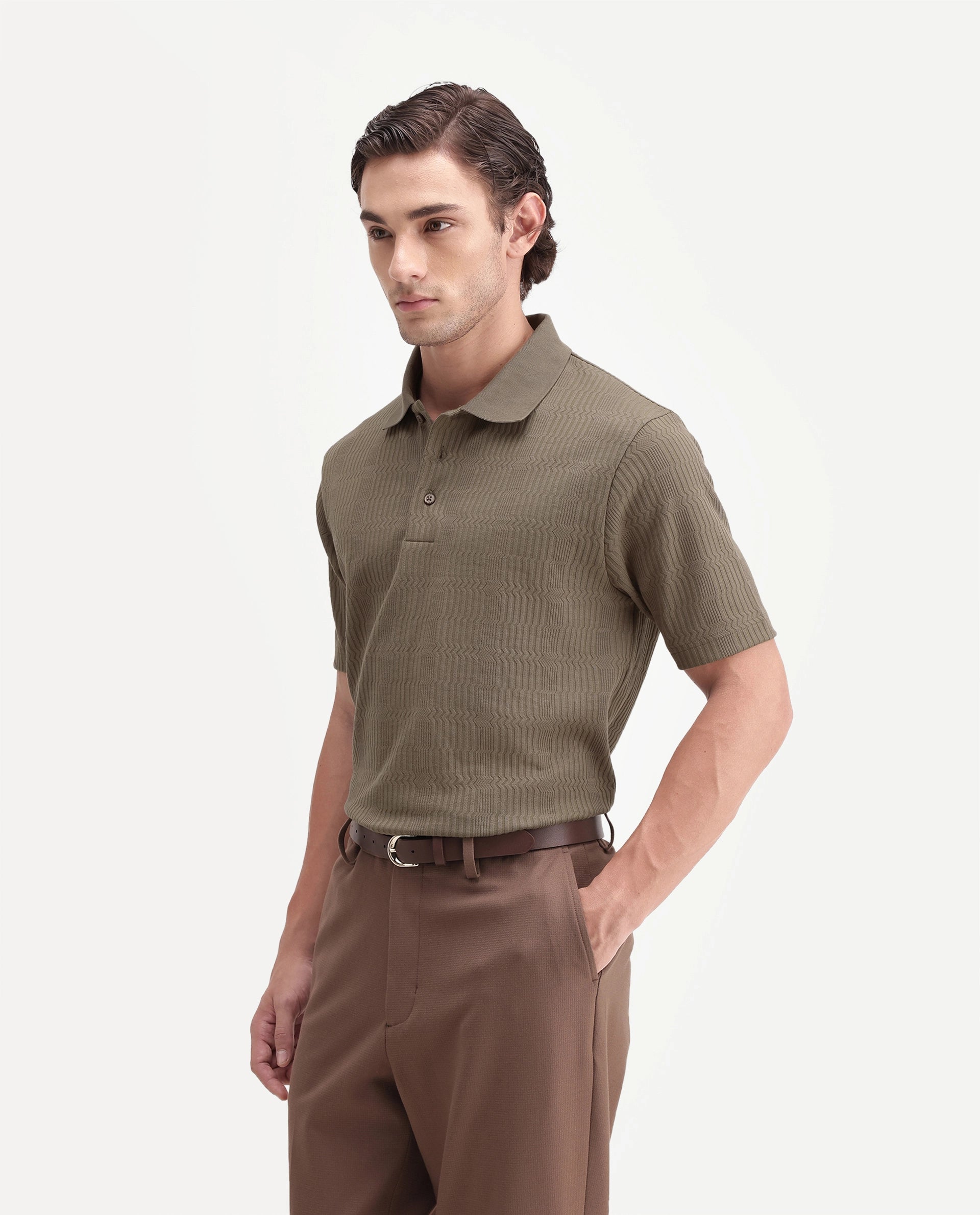 Rare Rabbit Men's Jacks Brown Cotton Blend Spread Collar Regular Jacquard Polo