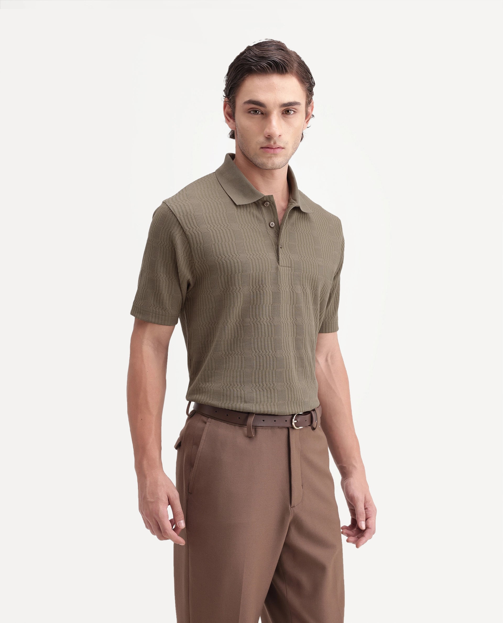 Rare Rabbit Men's Jacks Brown Cotton Blend Spread Collar Regular Jacquard Polo