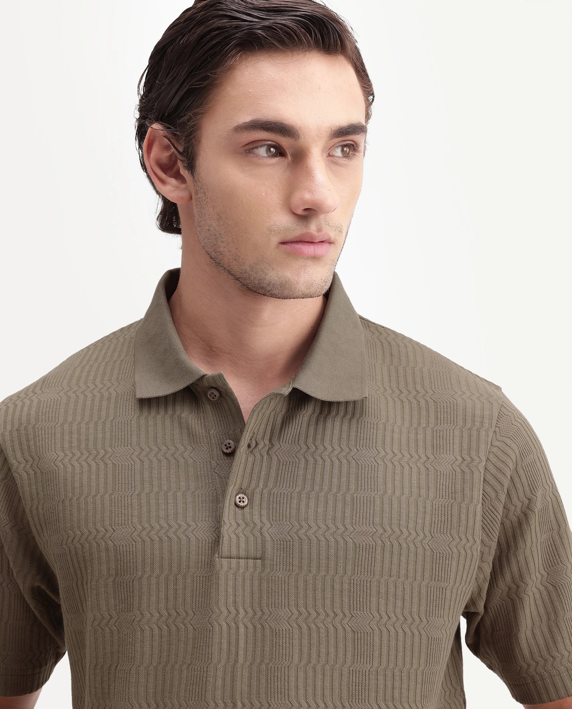 Rare Rabbit Men's Jacks Brown Cotton Blend Spread Collar Regular Jacquard Polo