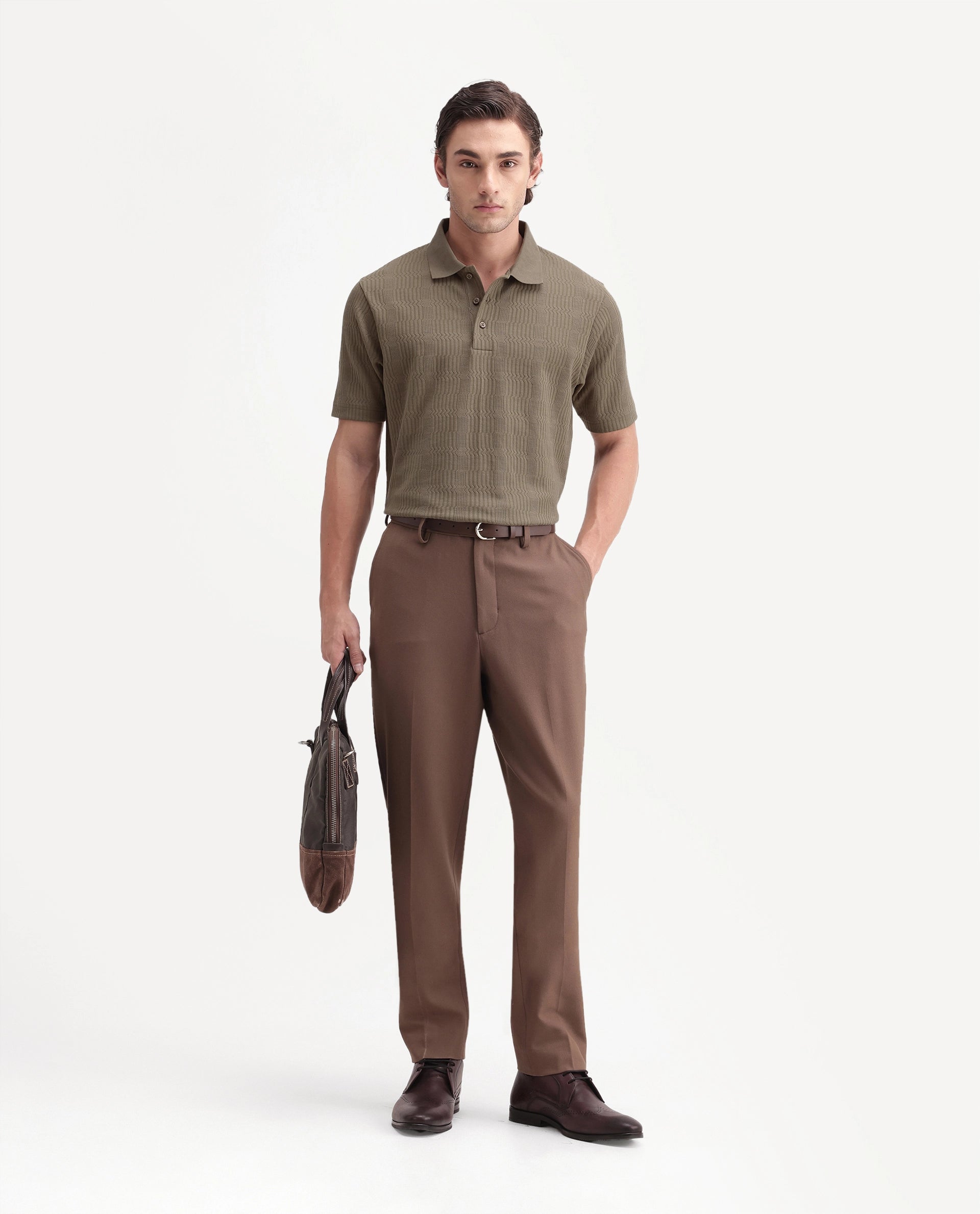 Rare Rabbit Men's Jacks Brown Cotton Blend Spread Collar Regular Jacquard Polo