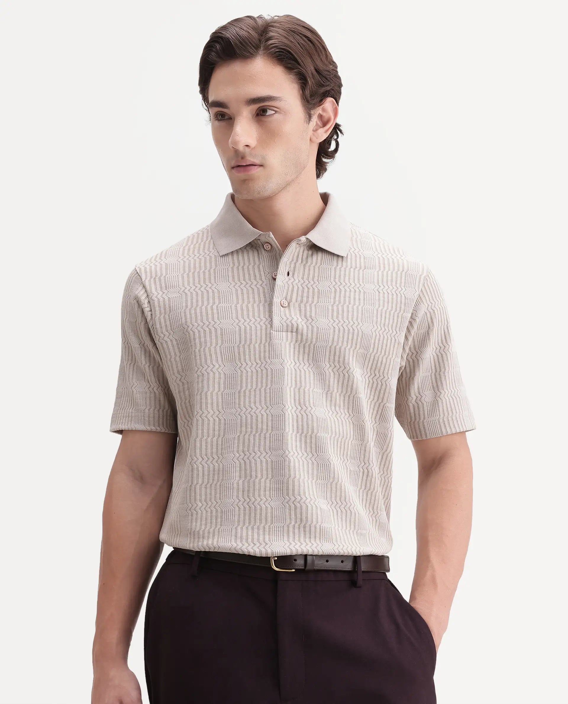 Rare Rabbit Men's Jacks Off White Cotton Blend Spread Collar Regular Jacquard Polo