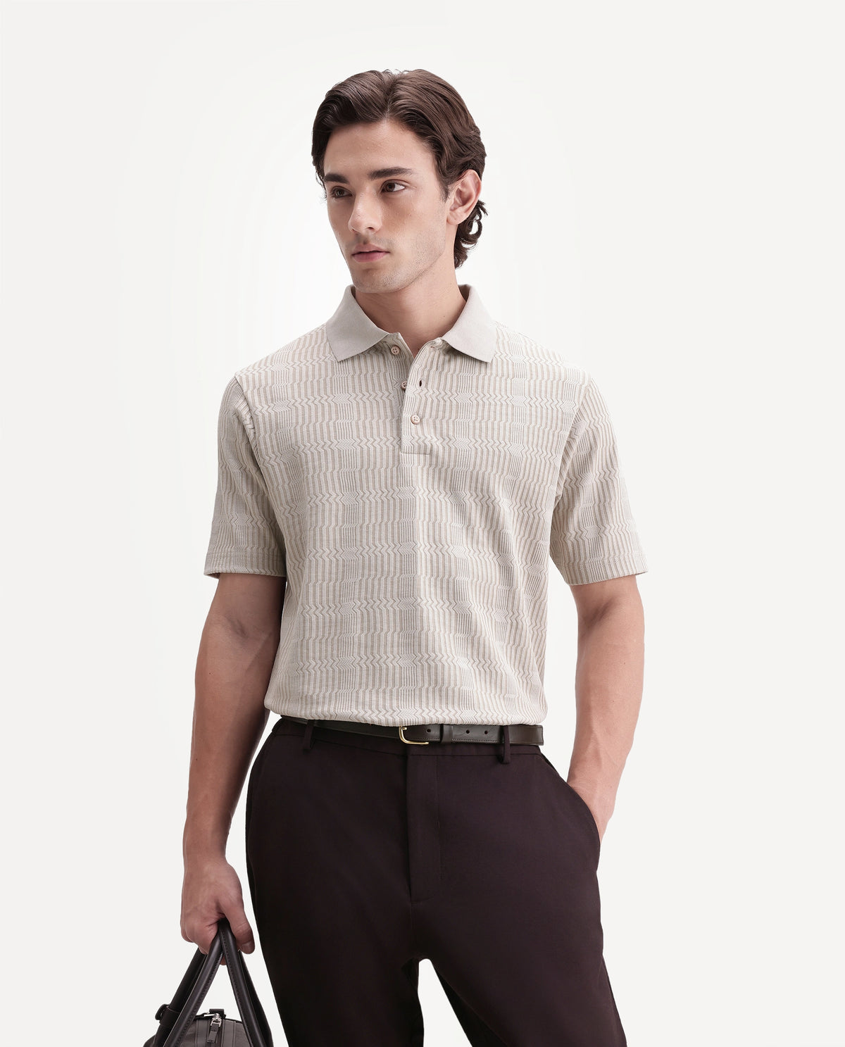 Rare Rabbit Men's Jacks Off White Cotton Blend Spread Collar Regular Jacquard Polo