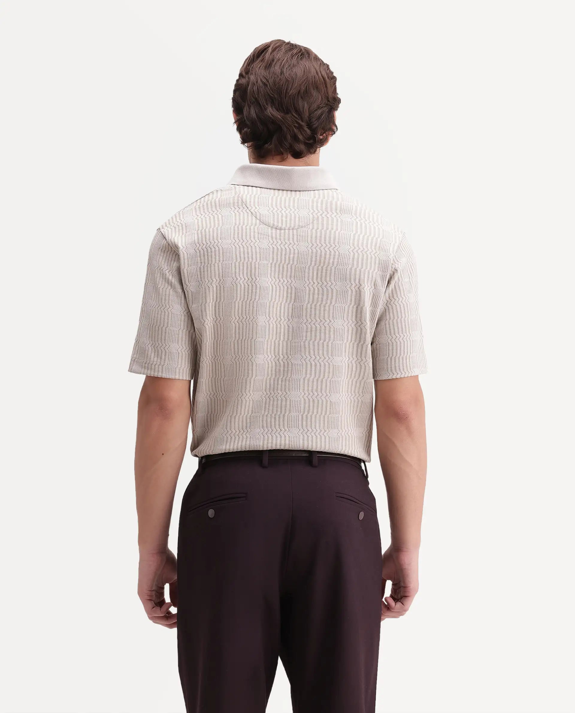 Rare Rabbit Men's Jacks Off White Cotton Blend Spread Collar Regular Jacquard Polo