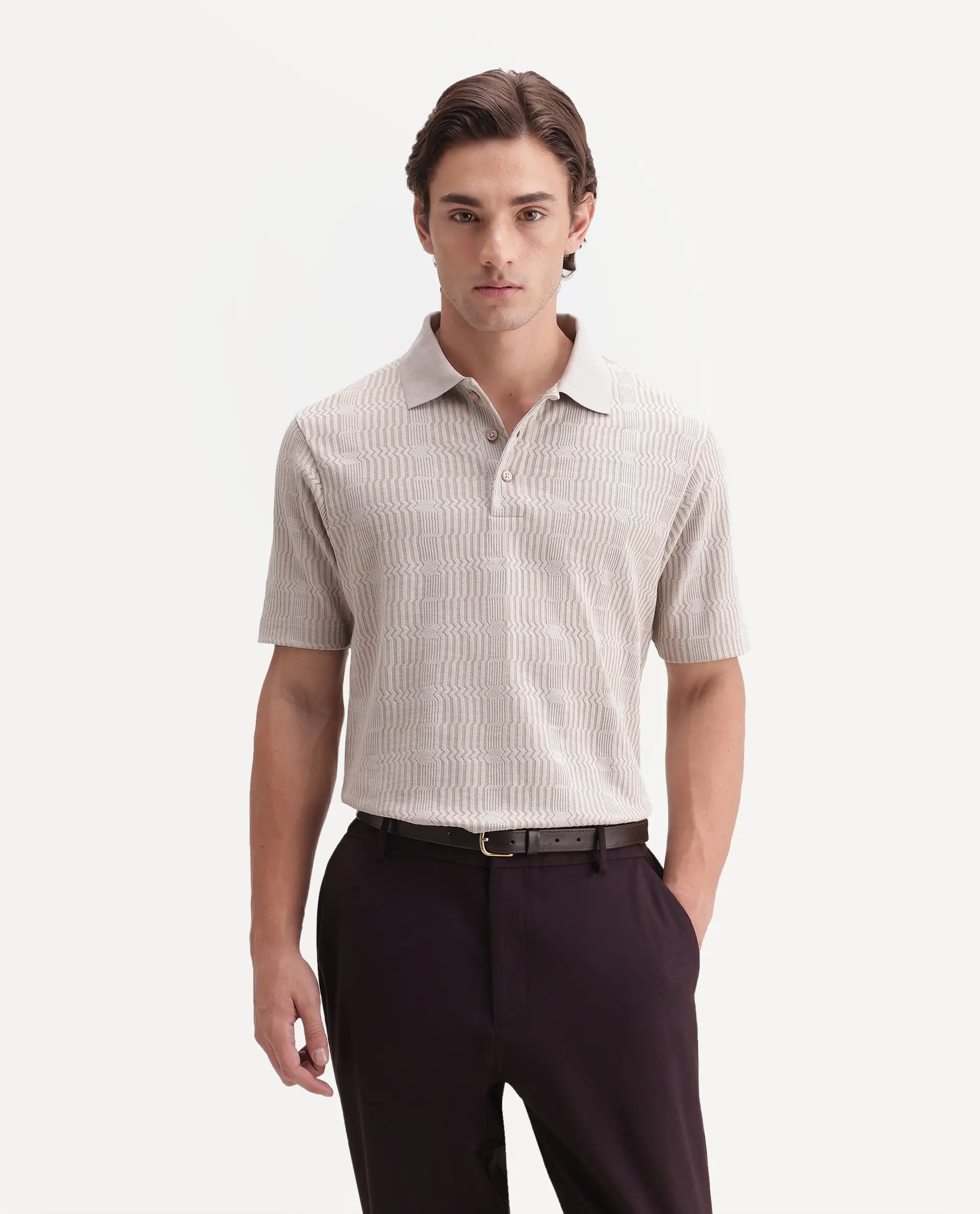 Rare Rabbit Men's Jacks Off White Cotton Blend Spread Collar Regular Jacquard Polo
