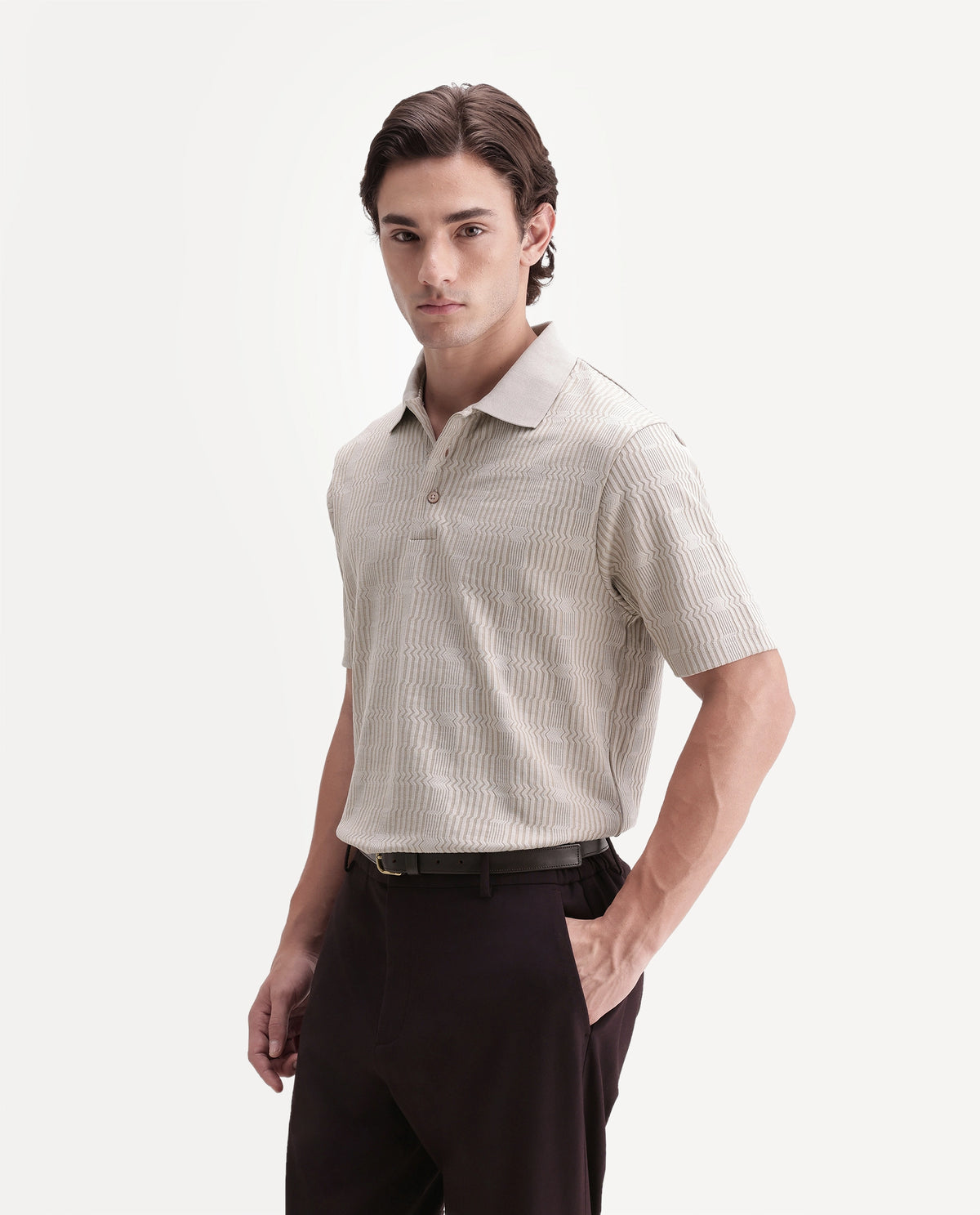 Rare Rabbit Men's Jacks Off White Cotton Blend Spread Collar Regular Jacquard Polo