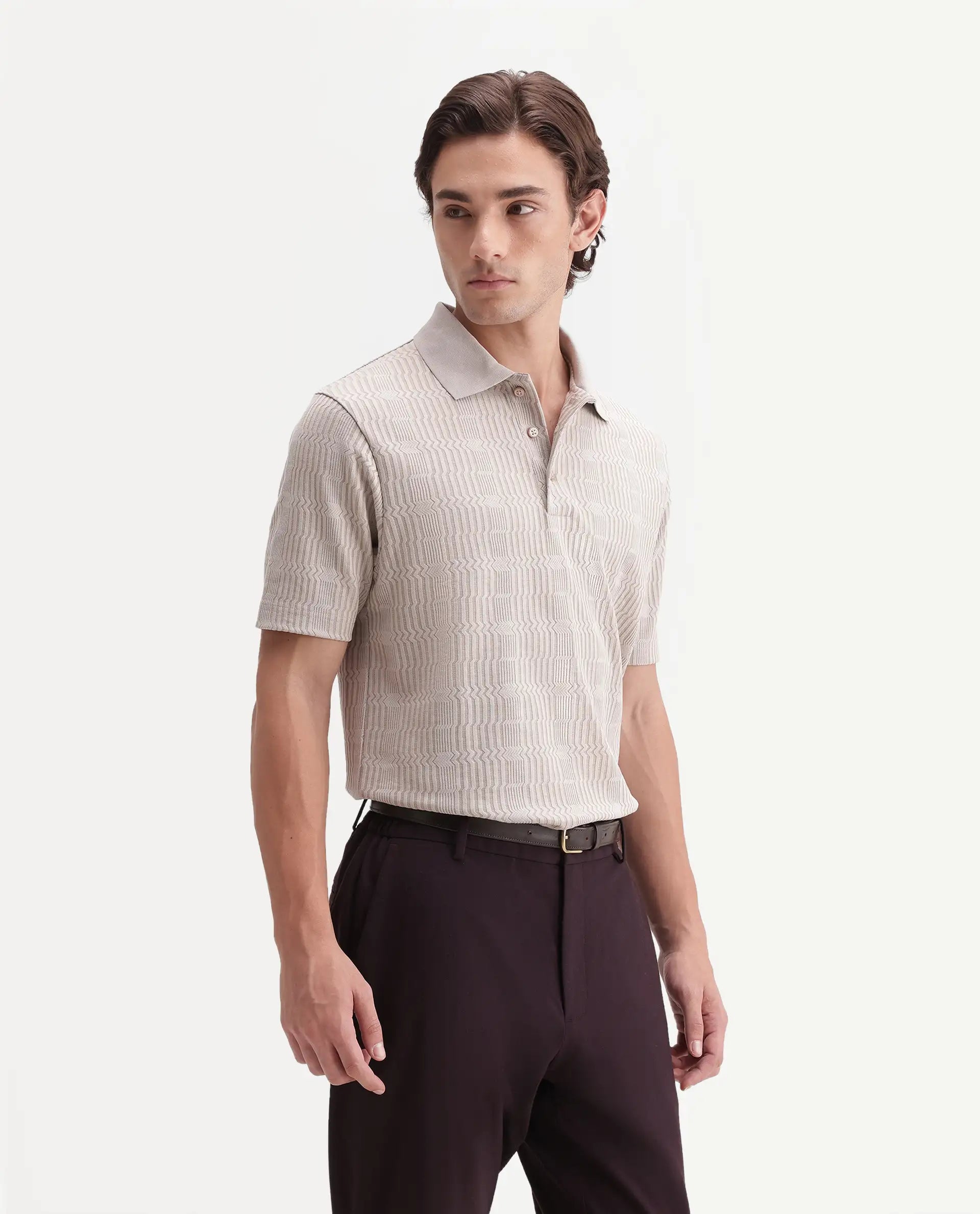 Rare Rabbit Men's Jacks Off White Cotton Blend Spread Collar Regular Jacquard Polo