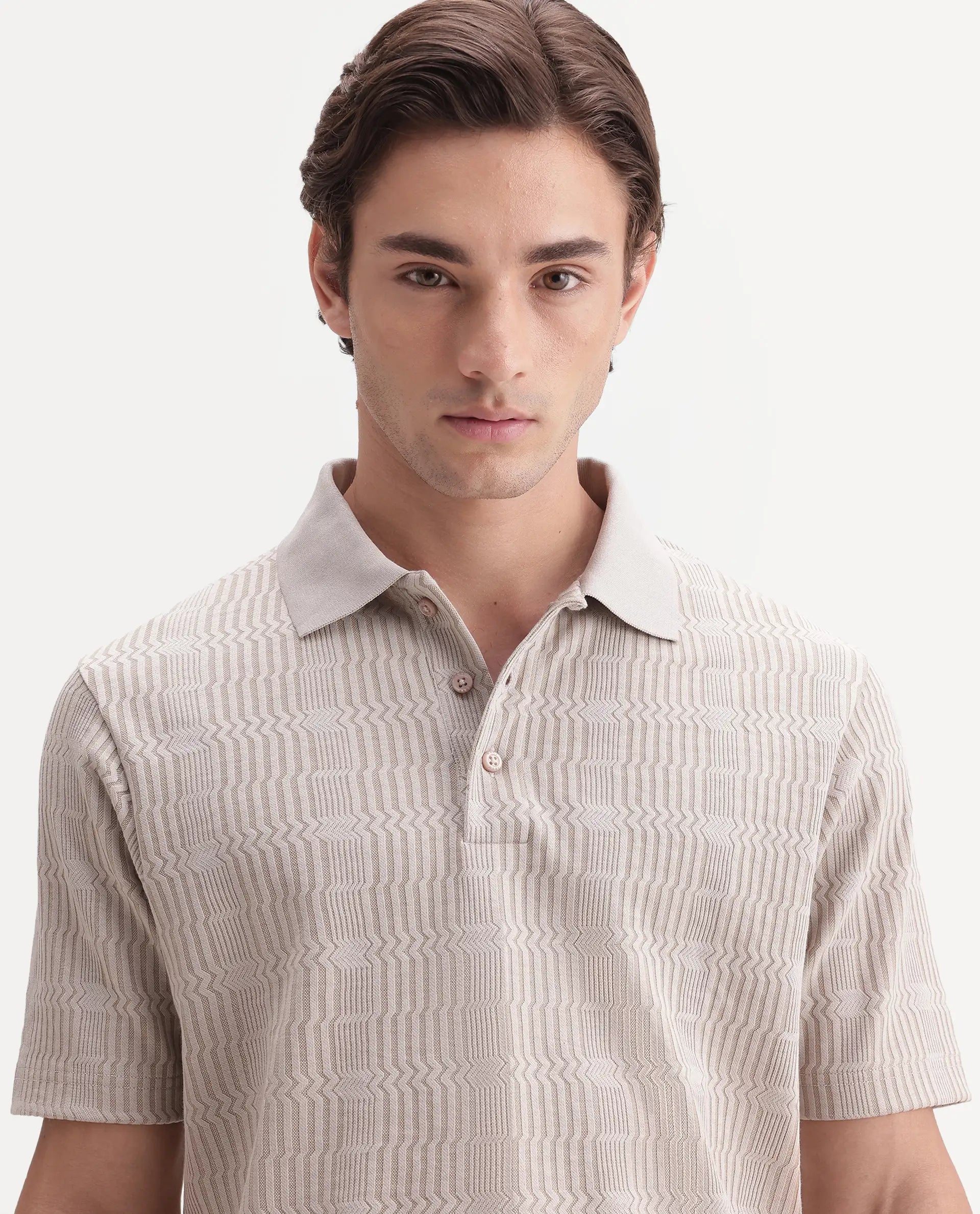 Rare Rabbit Men's Jacks Off White Cotton Blend Spread Collar Regular Jacquard Polo