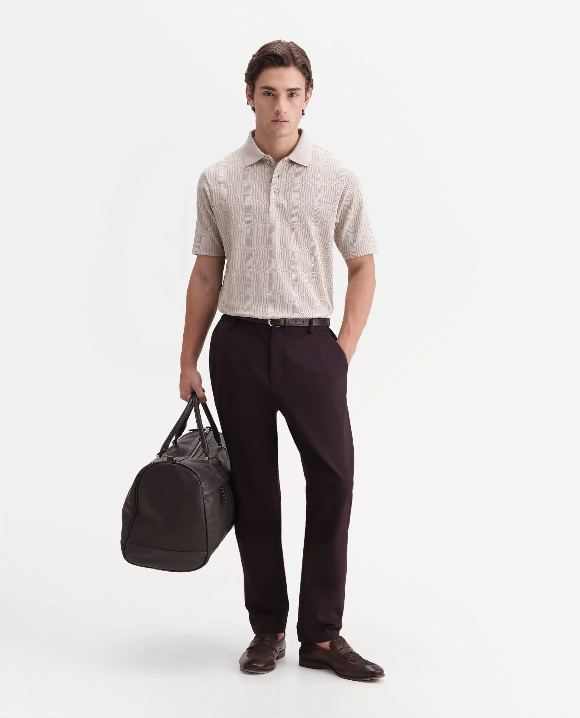 Rare Rabbit Men's Jacks Off White Cotton Blend Spread Collar Regular Jacquard Polo