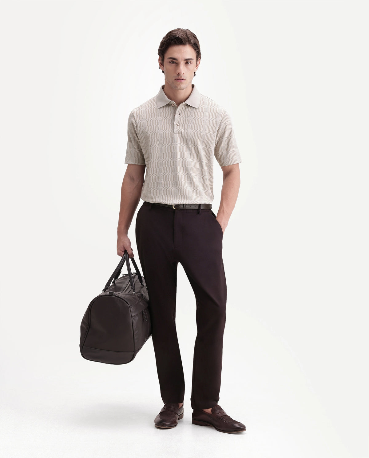 Rare Rabbit Men's Jacks Off White Cotton Blend Spread Collar Regular Jacquard Polo