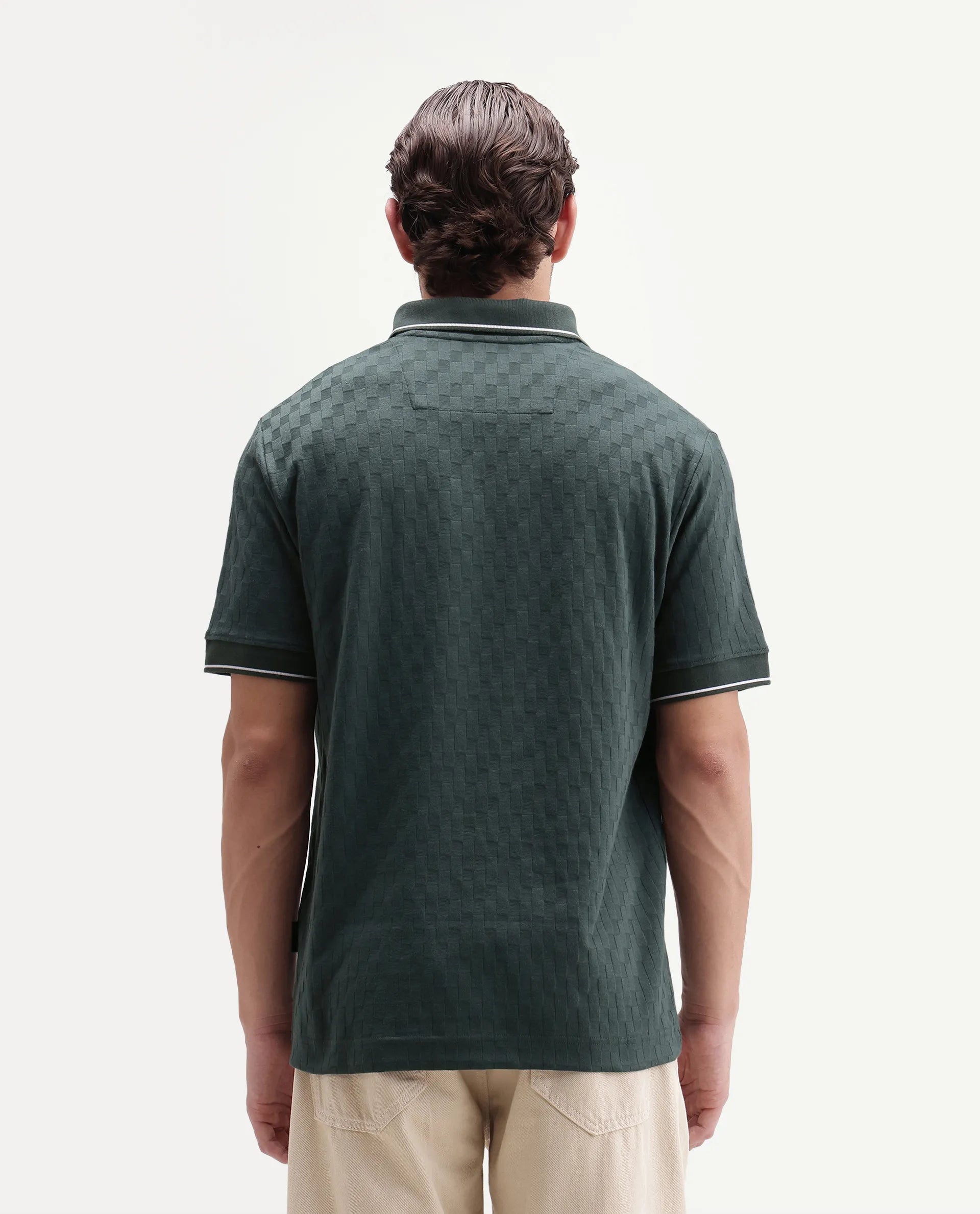 Rare Rabbit Men's Lumos Dark Green Cotton Blend Spread Collar Regular Jacquard Polo