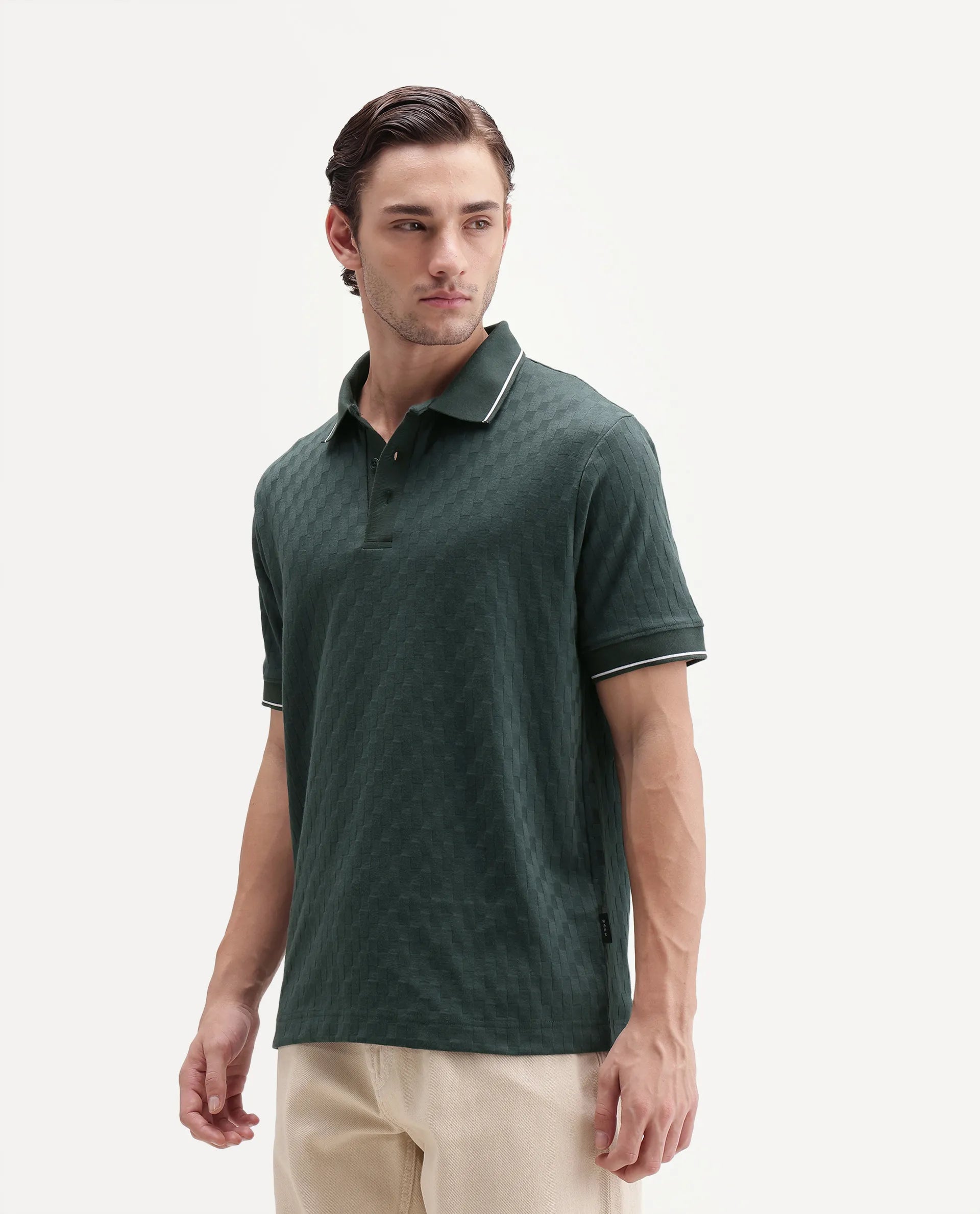 Rare Rabbit Men's Lumos Dark Green Cotton Blend Spread Collar Regular Jacquard Polo