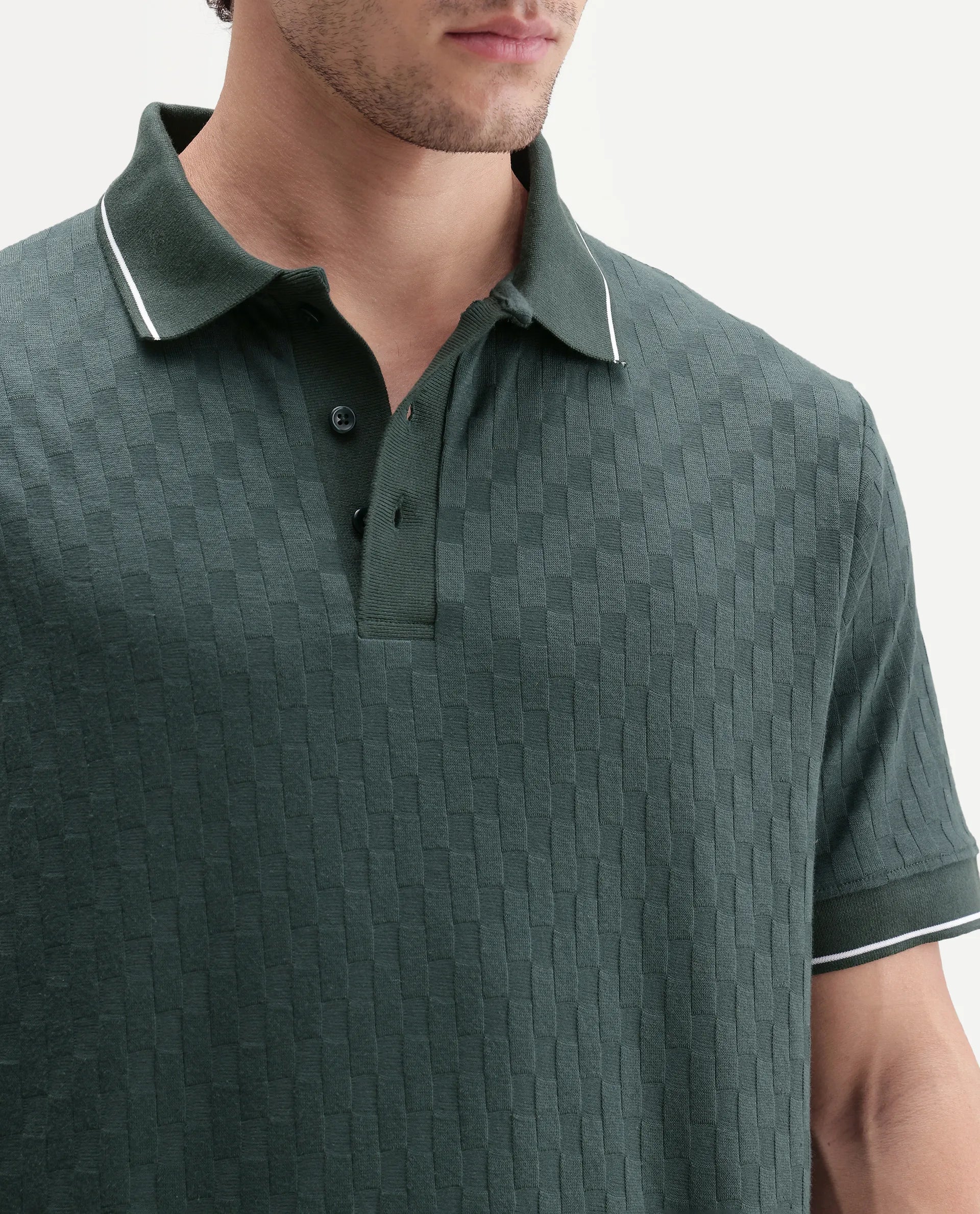 Rare Rabbit Men's Lumos Dark Green Cotton Blend Spread Collar Regular Jacquard Polo