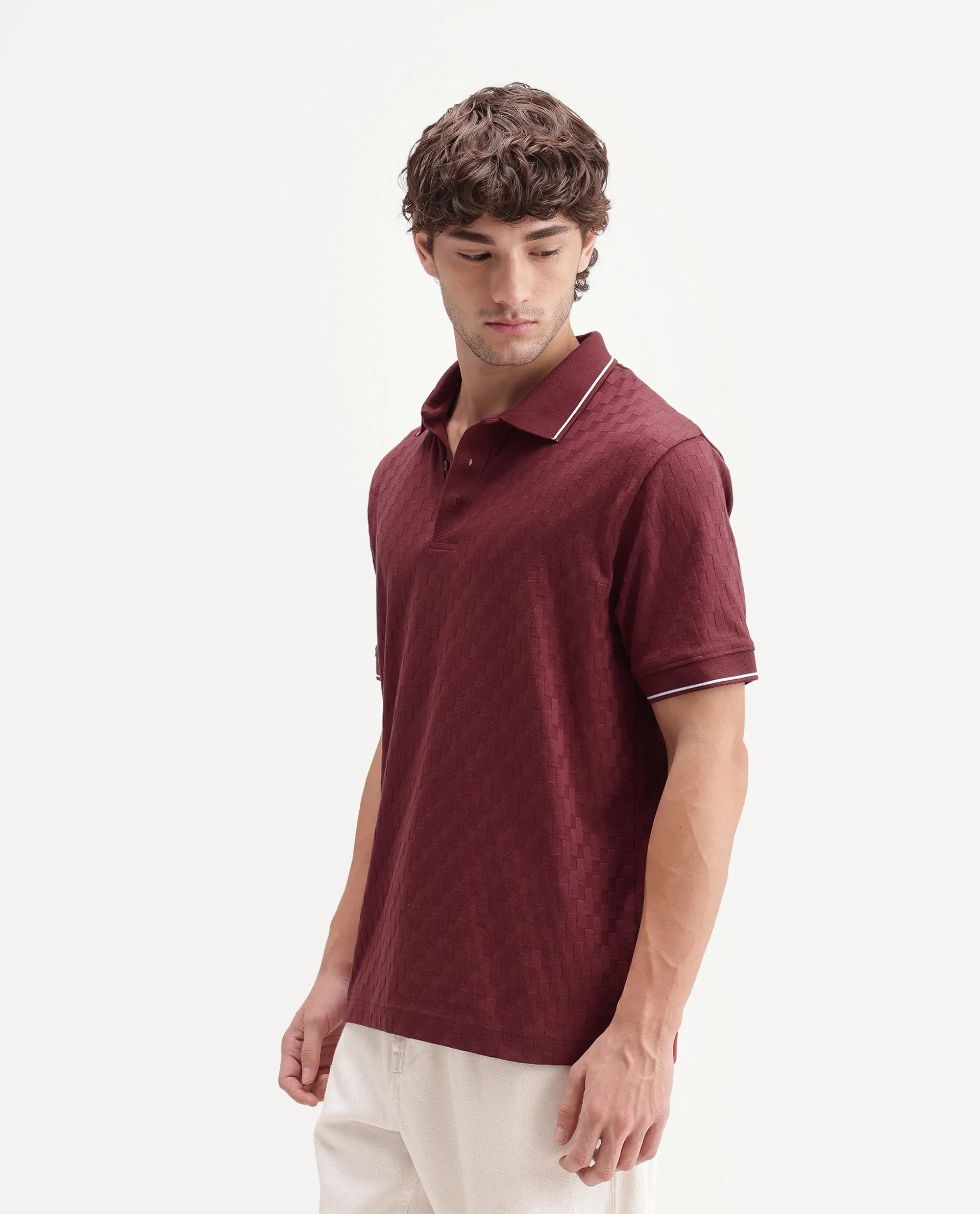 Rare Rabbit Men's Lumos Red Cotton Blend Spread Collar Regular Jacquard Polo