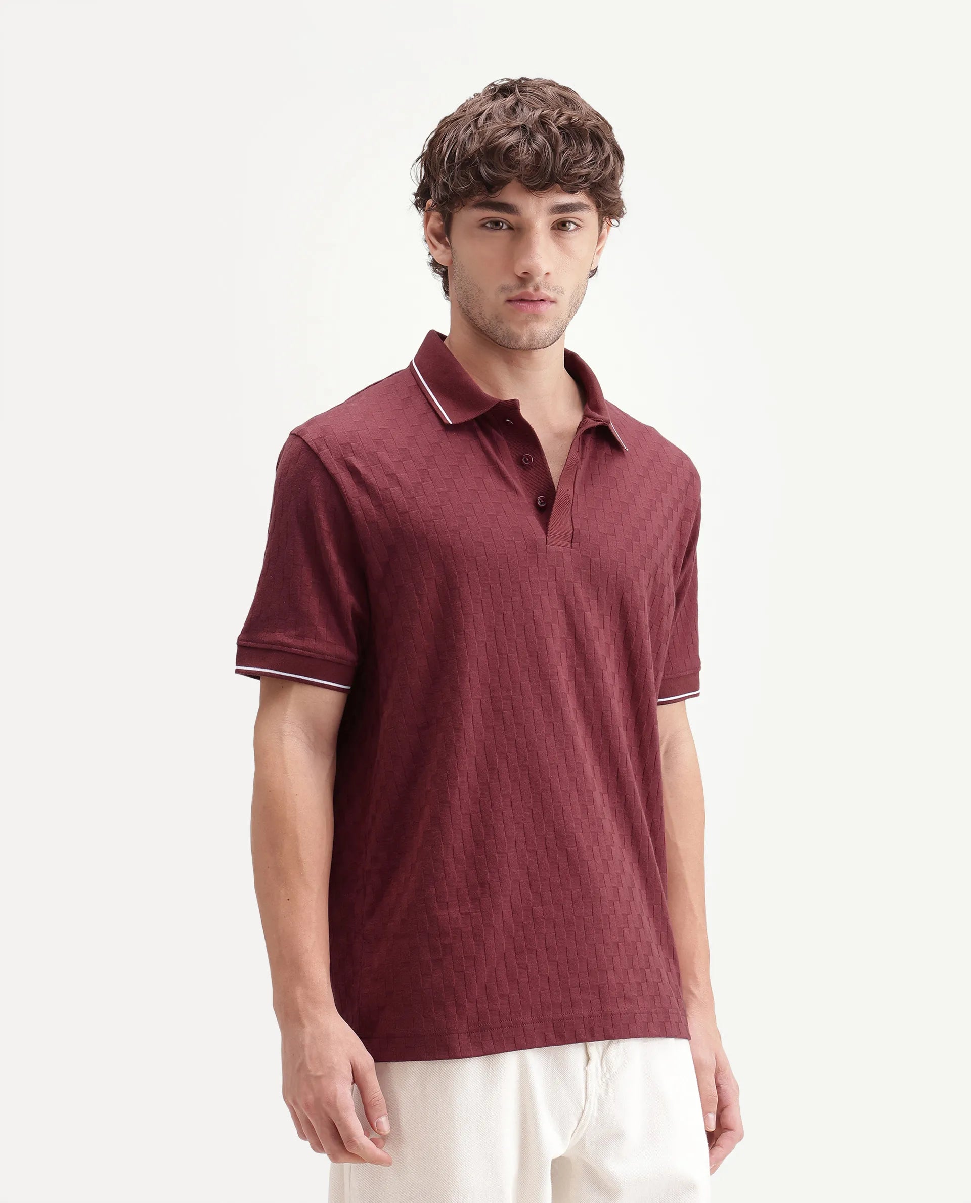 Rare Rabbit Men's Lumos Red Cotton Blend Spread Collar Regular Jacquard Polo