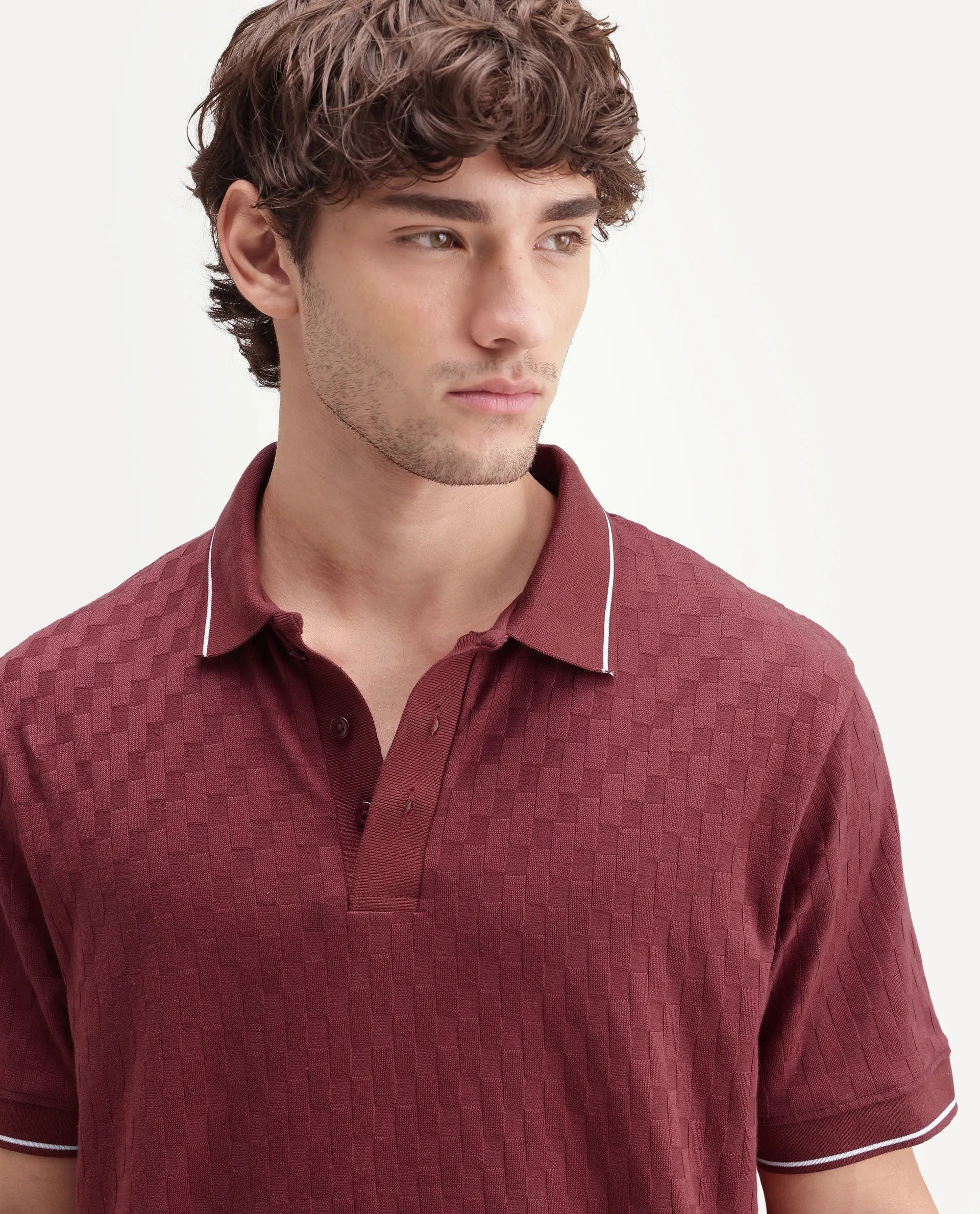 Rare Rabbit Men's Lumos Red Cotton Blend Spread Collar Regular Jacquard Polo