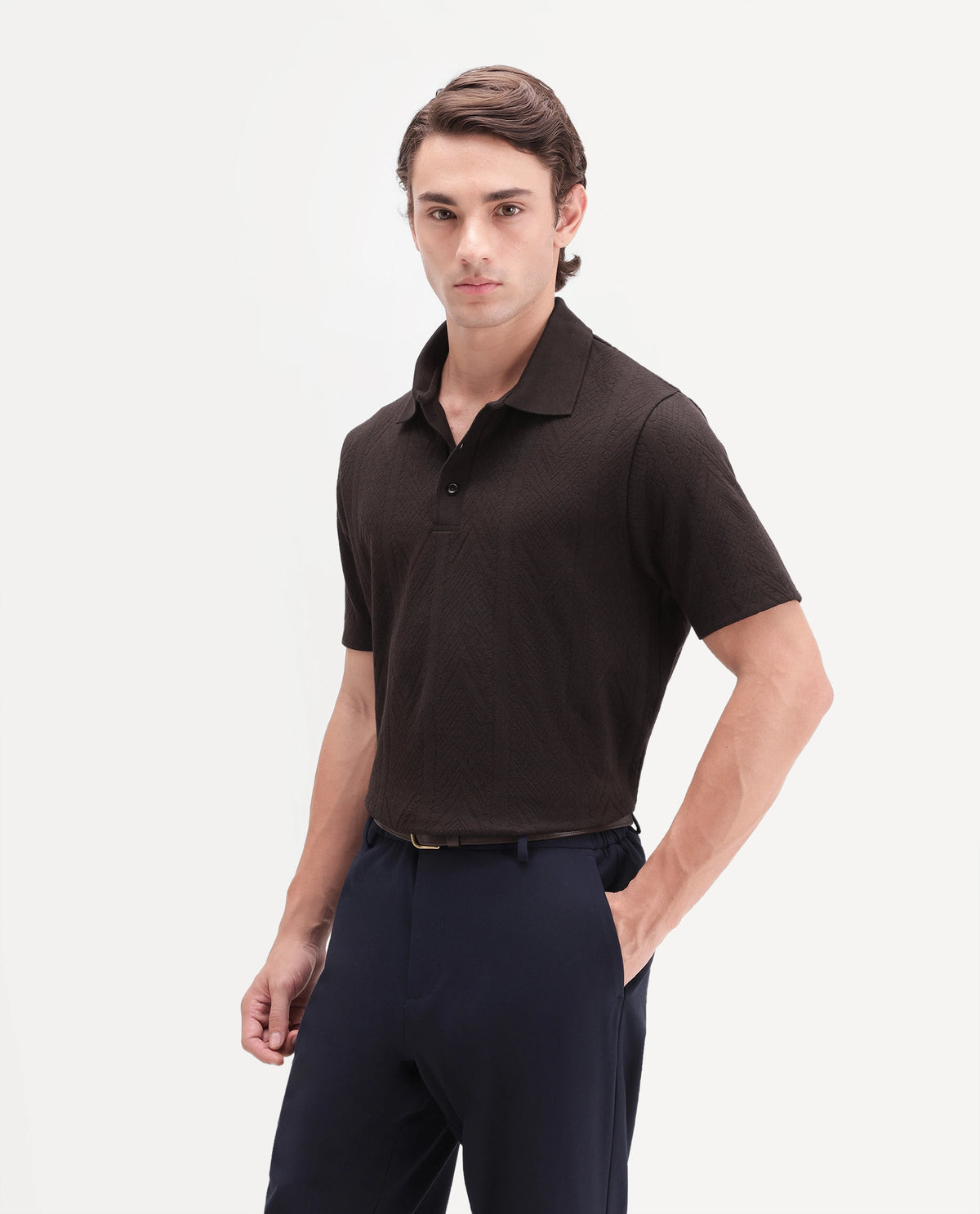 Rare Rabbit Men's Stike Dark Brown Cotton Blend Spread Collar Regular Jacquard Polo
