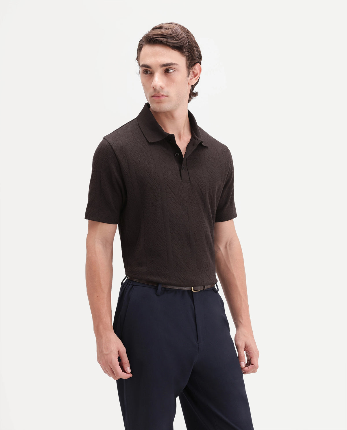 Rare Rabbit Men's Stike Dark Brown Cotton Blend Spread Collar Regular Jacquard Polo