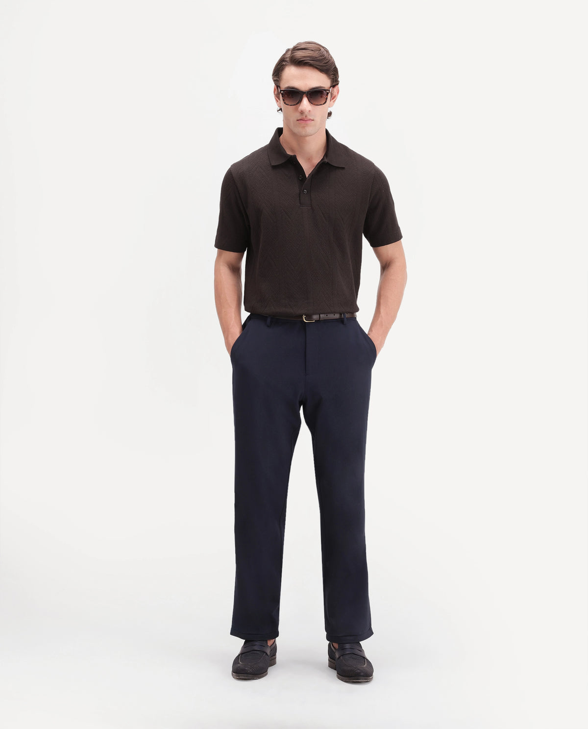 Rare Rabbit Men's Stike Dark Brown Cotton Blend Spread Collar Regular Jacquard Polo
