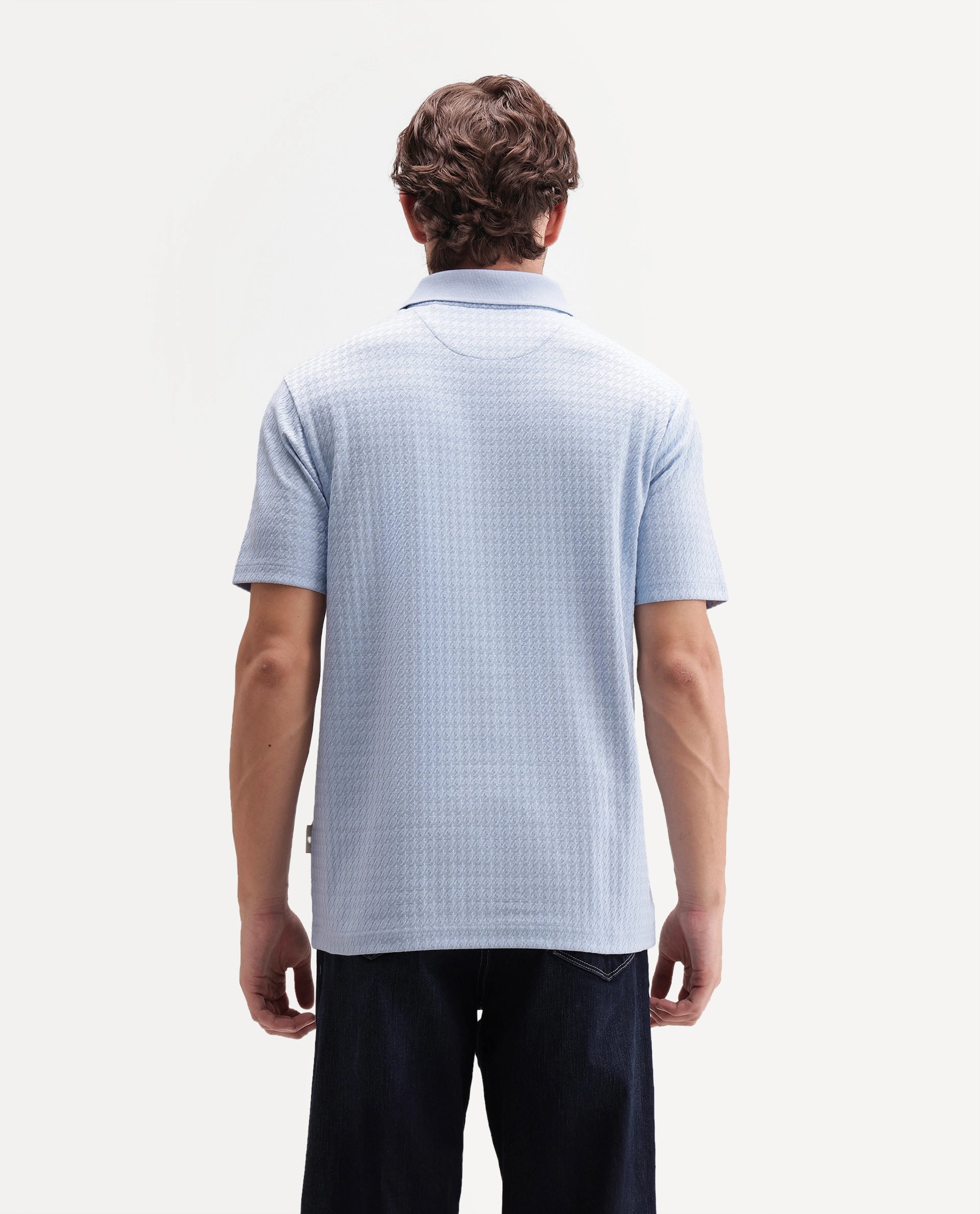 Rare Rabbit Men's Valdes Light Blue Cotton Blend Spread Collar Regular Jacquard Polo