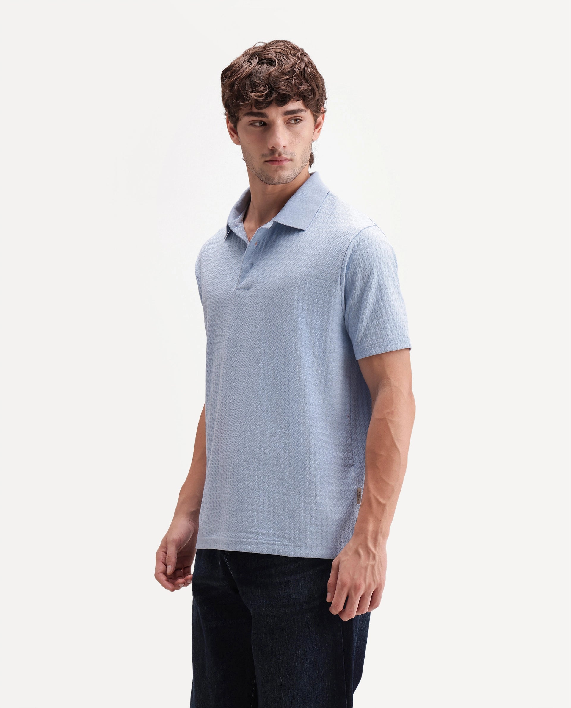 Rare Rabbit Men's Valdes Light Blue Cotton Blend Spread Collar Regular Jacquard Polo