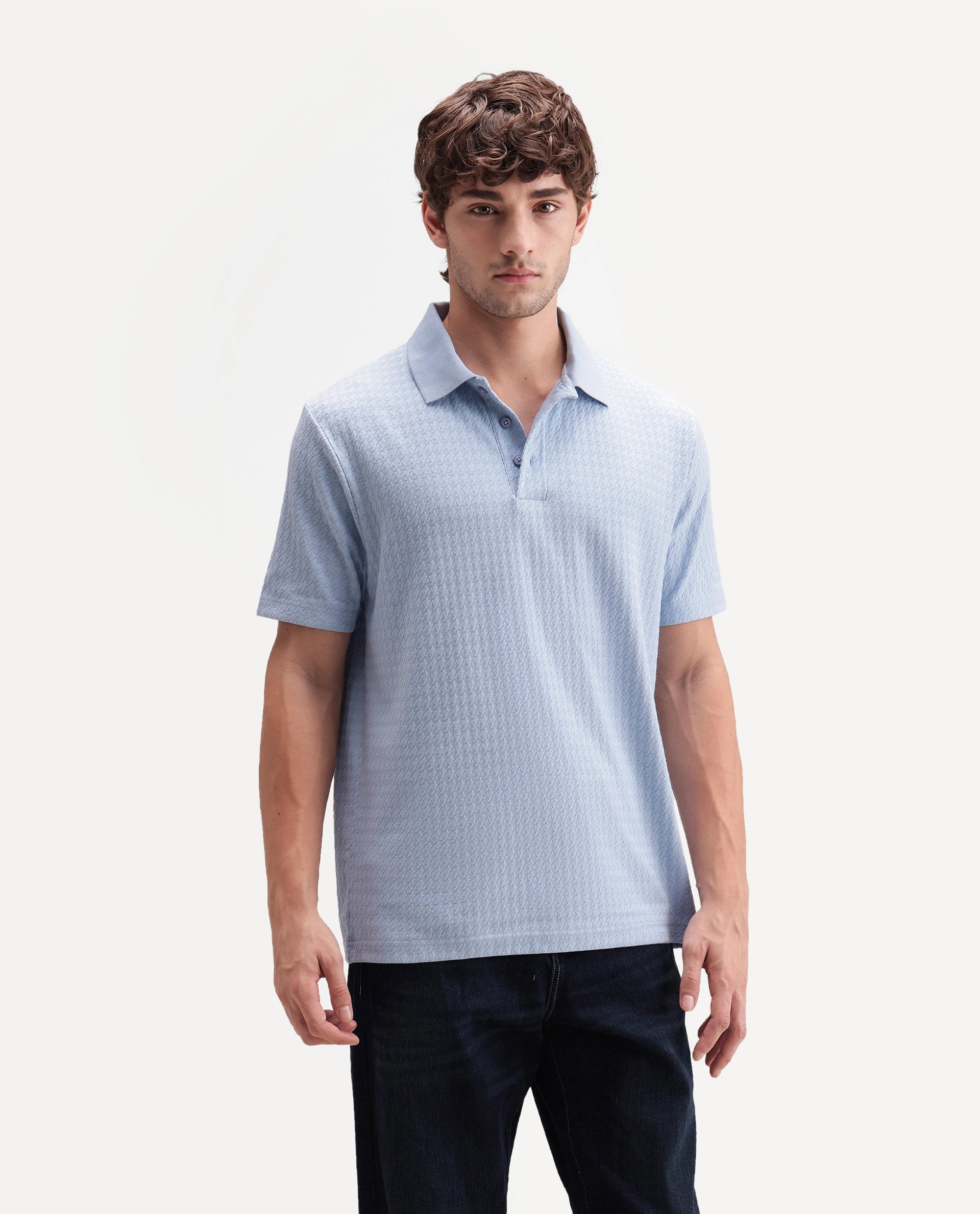 Rare Rabbit Men's Valdes Light Blue Cotton Blend Spread Collar Regular Jacquard Polo