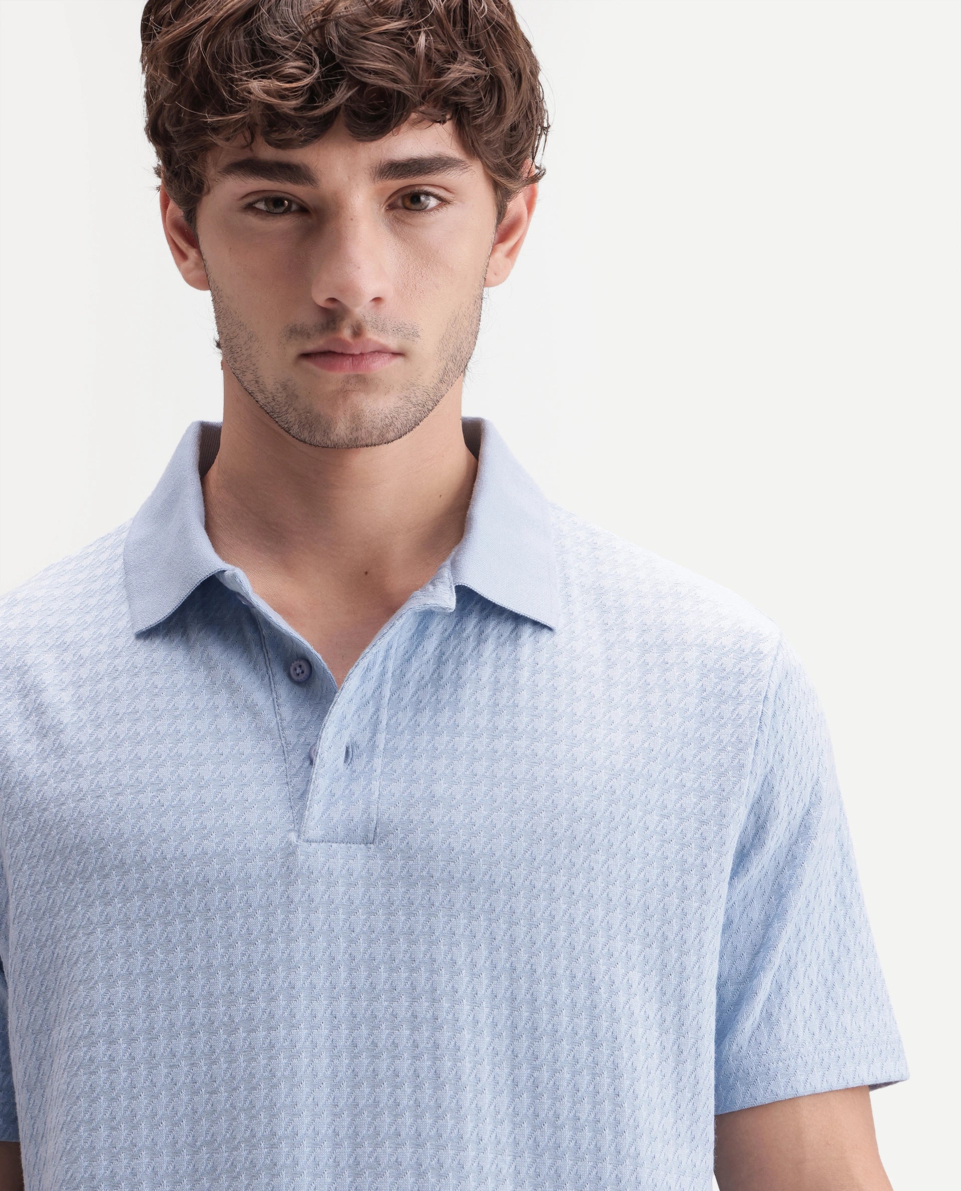 Rare Rabbit Men's Valdes Light Blue Cotton Blend Spread Collar Regular Jacquard Polo
