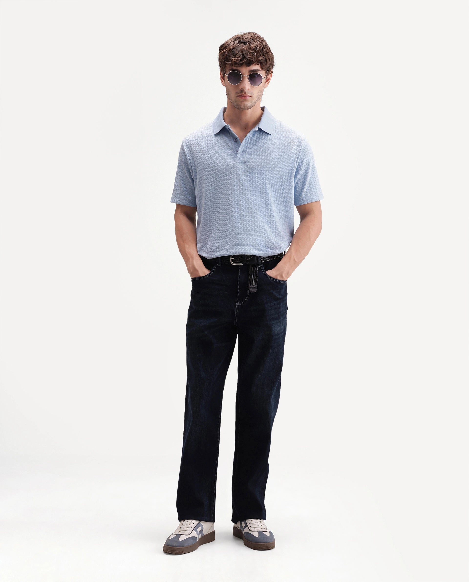 Rare Rabbit Men's Valdes Light Blue Cotton Blend Spread Collar Regular Jacquard Polo