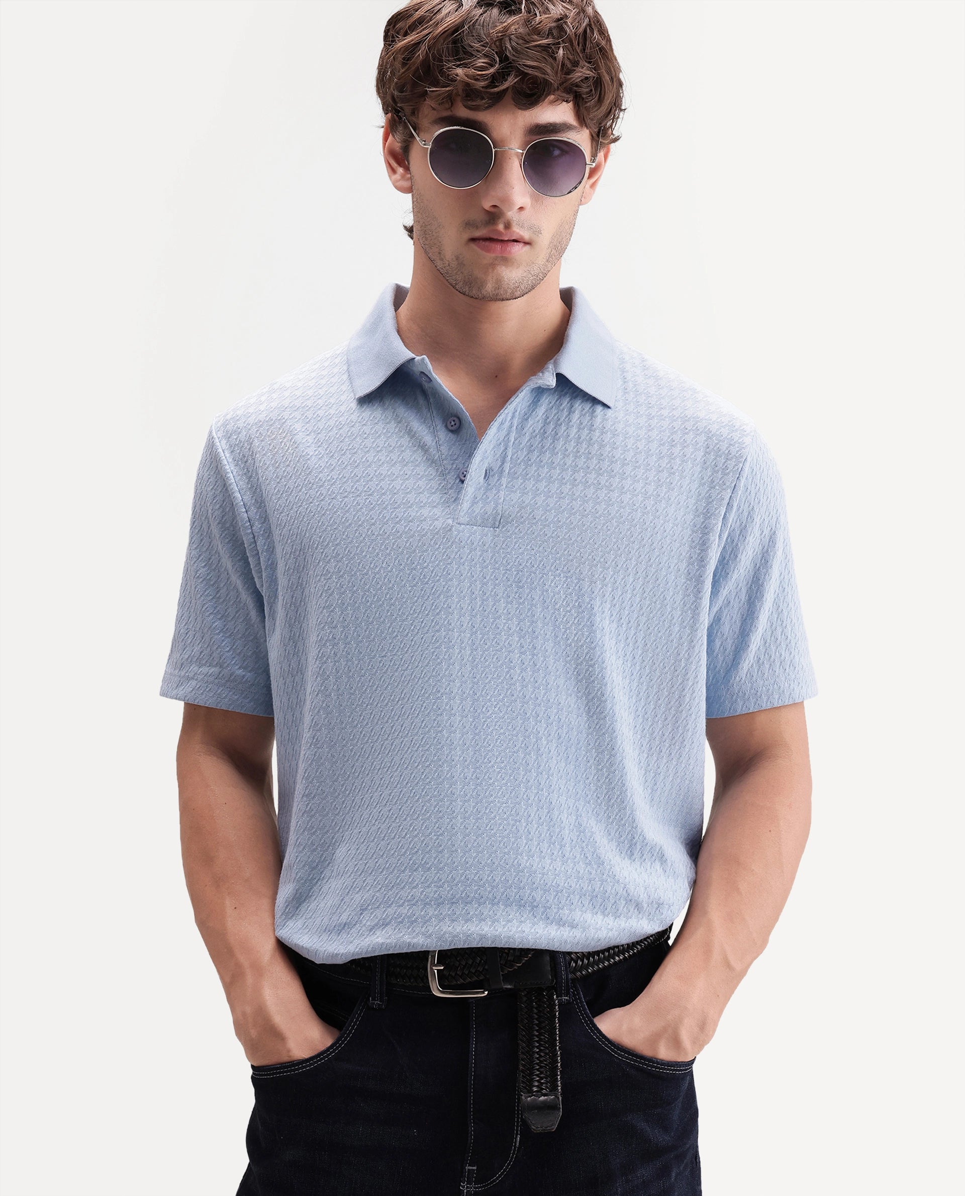 Rare Rabbit Men's Valdes Light Blue Cotton Blend Spread Collar Regular Jacquard Polo