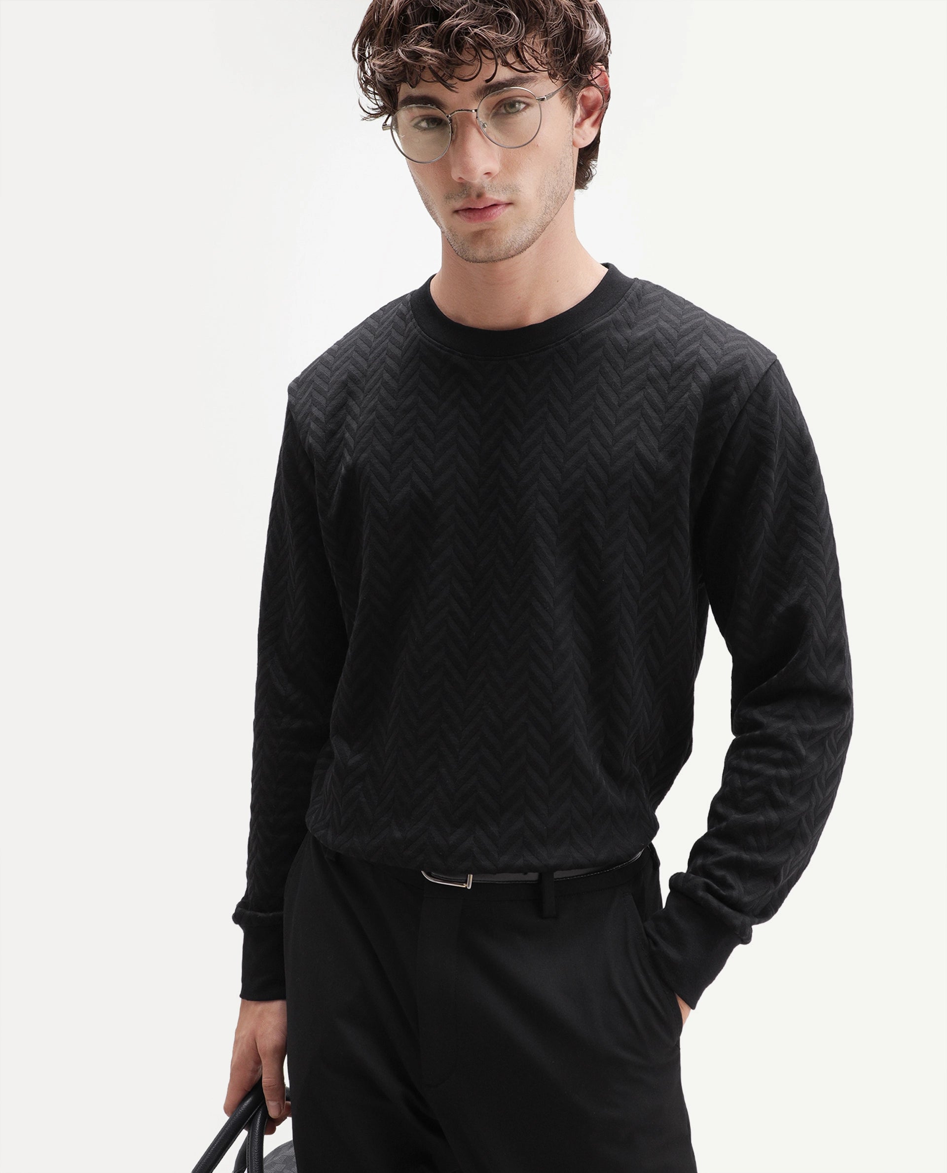 Rare Rabbit Men's Drow Black Cotton Blend Crew Neck Regular Plain Jacquard Sweatshirt