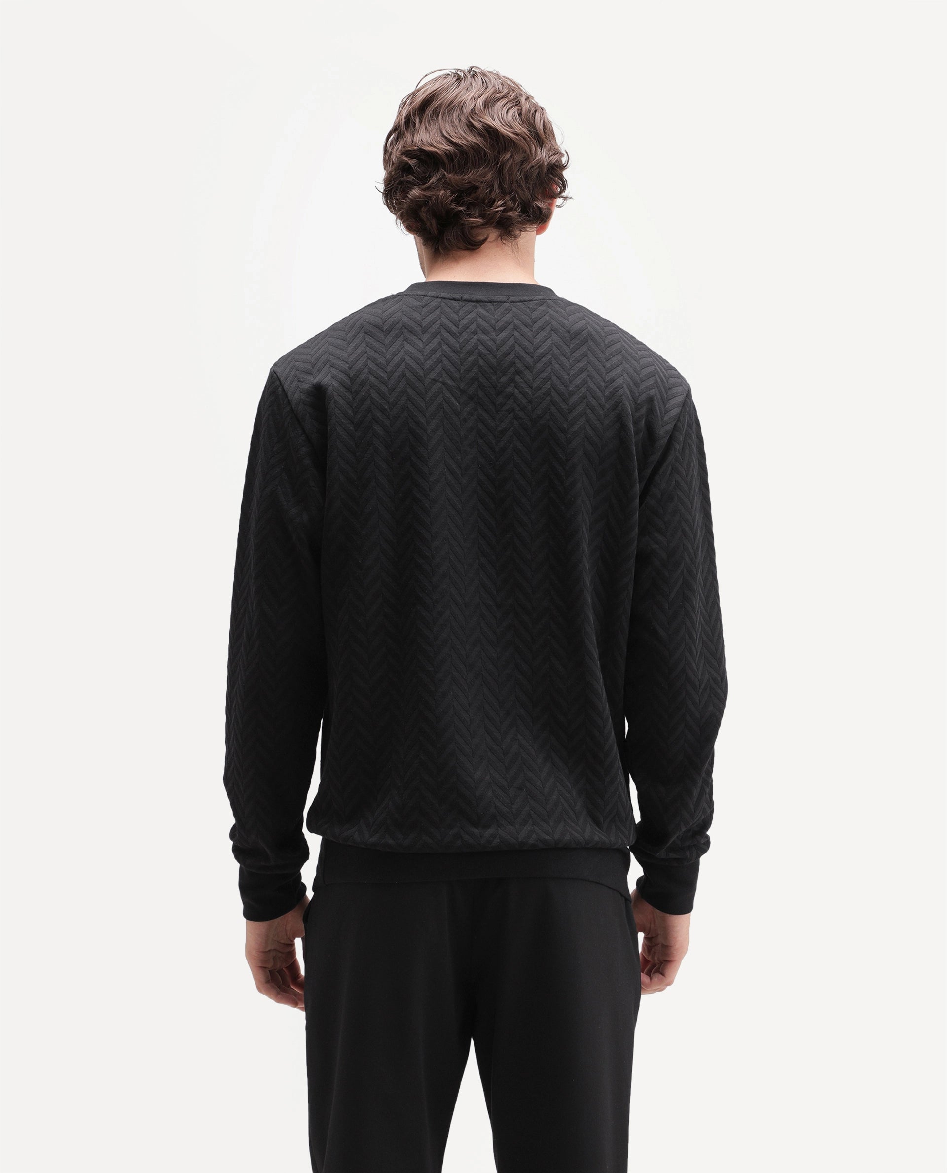 Rare Rabbit Men's Drow Black Cotton Blend Crew Neck Regular Plain Jacquard Sweatshirt