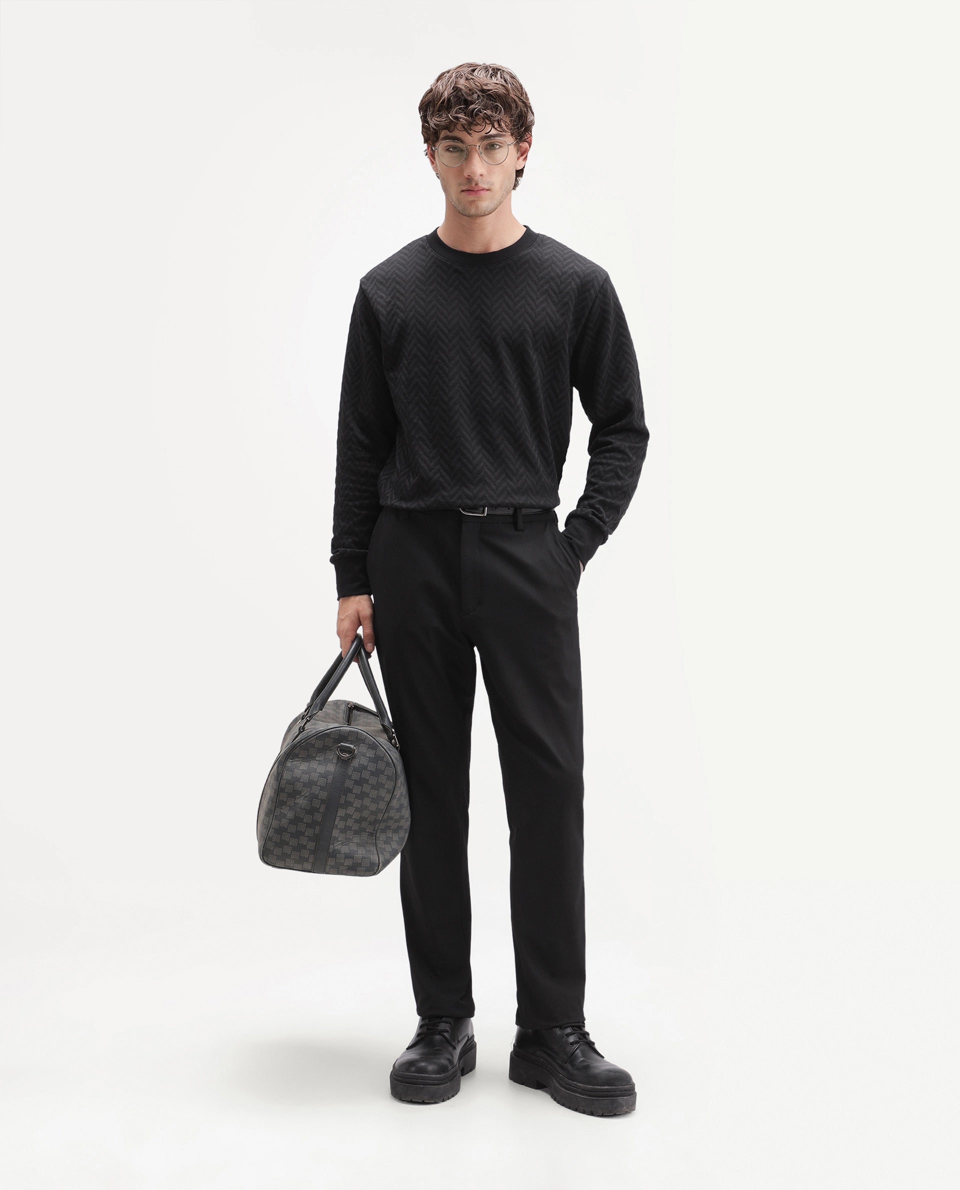 Rare Rabbit Men's Drow Black Cotton Blend Crew Neck Regular Plain Jacquard Sweatshirt