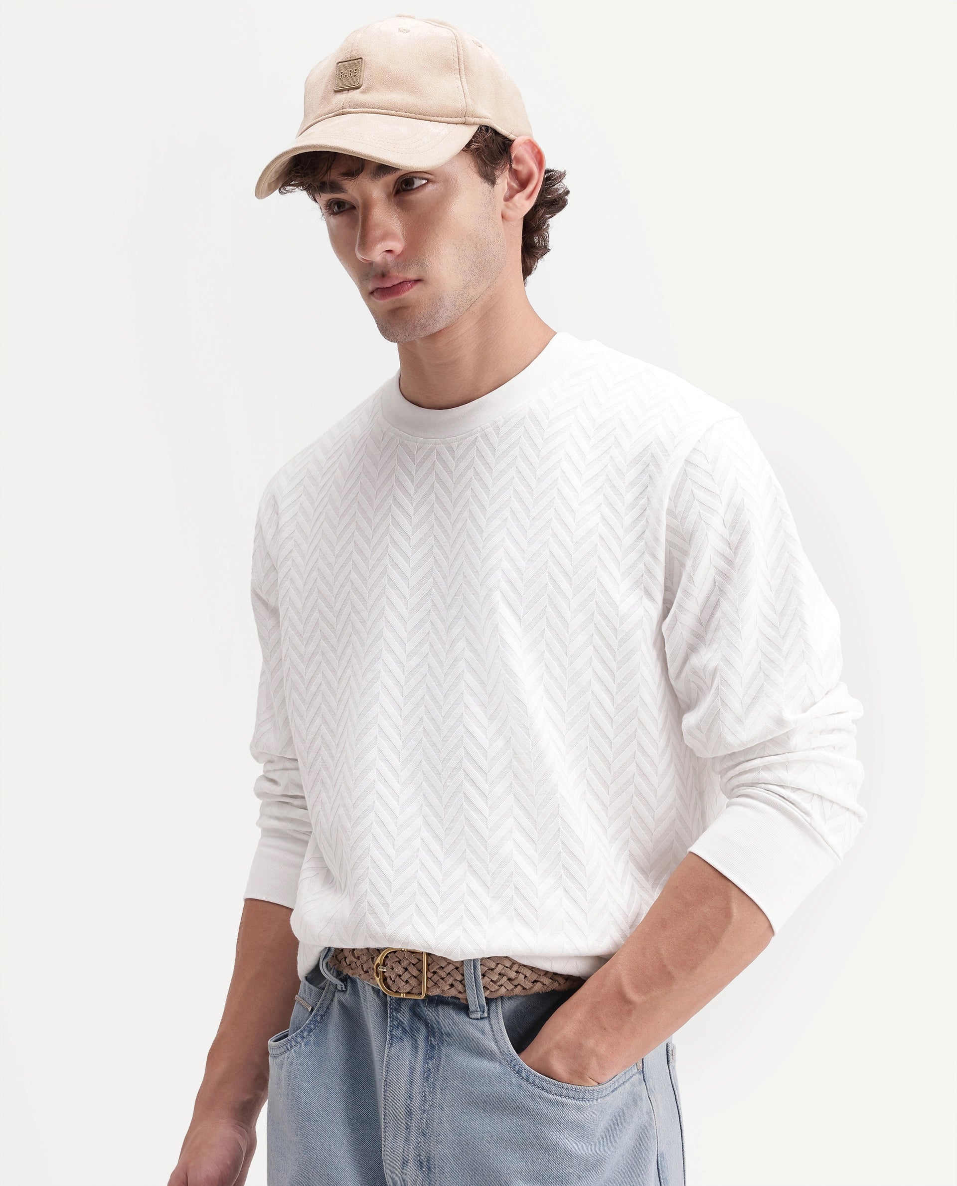 Rare Rabbit Men's Drow Off White Cotton Blend Crew Neck Regular Jacquard Sweatshirt