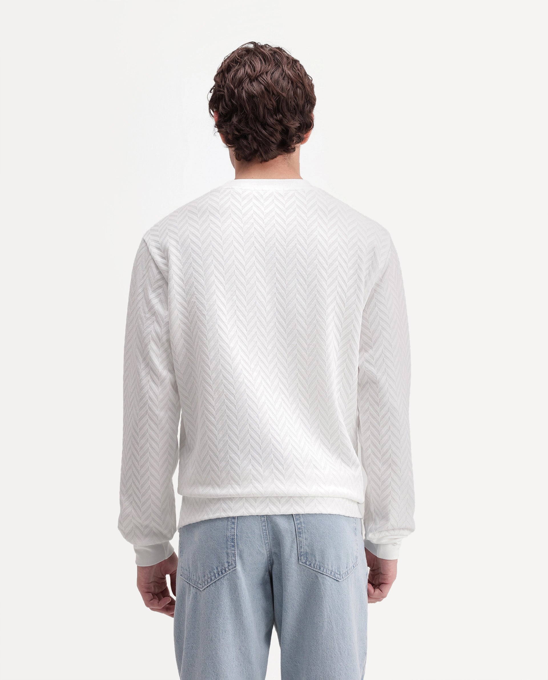 Rare Rabbit Men's Drow Off White Cotton Blend Crew Neck Regular Jacquard Sweatshirt