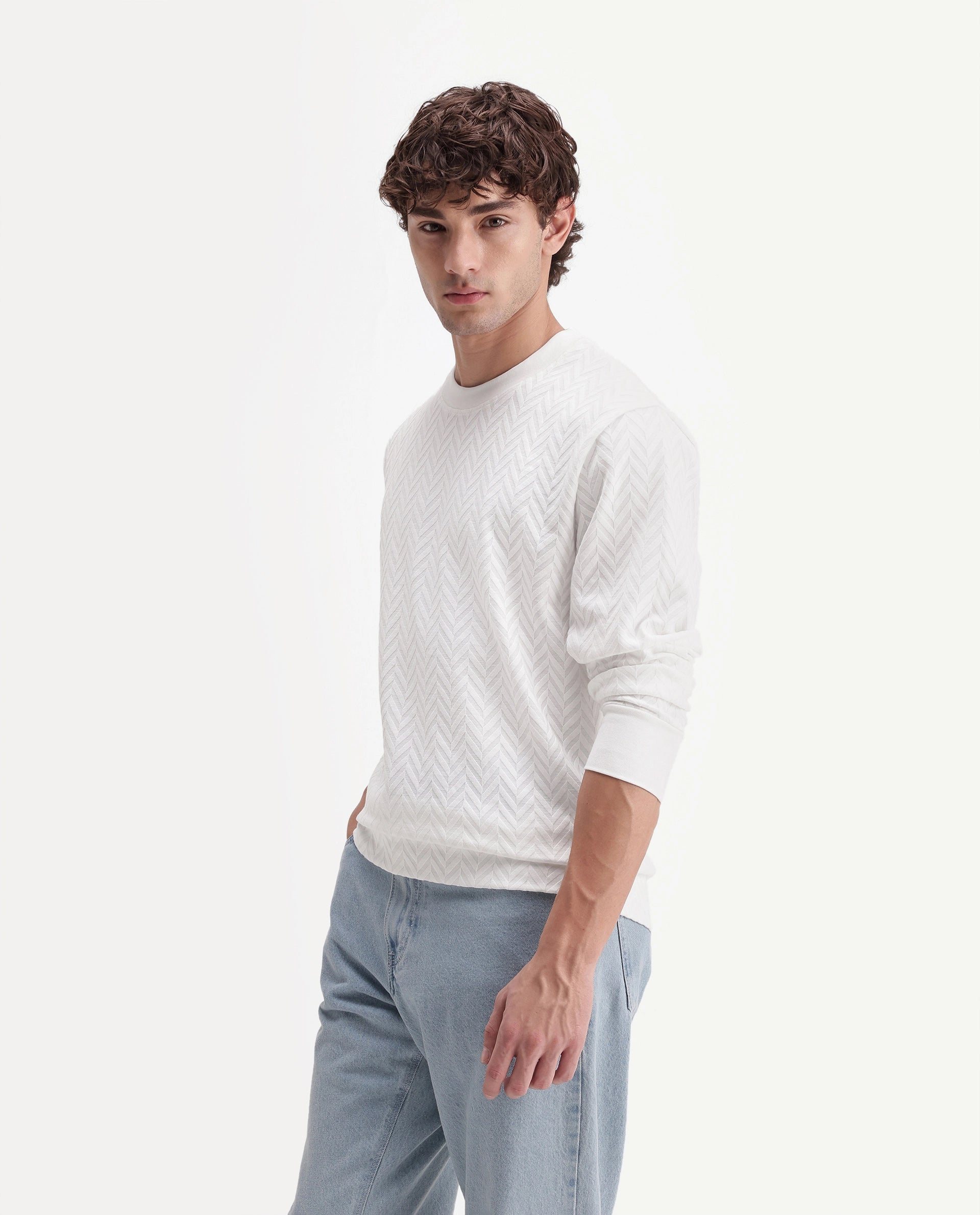 Rare Rabbit Men's Drow Off White Cotton Blend Crew Neck Regular Jacquard Sweatshirt
