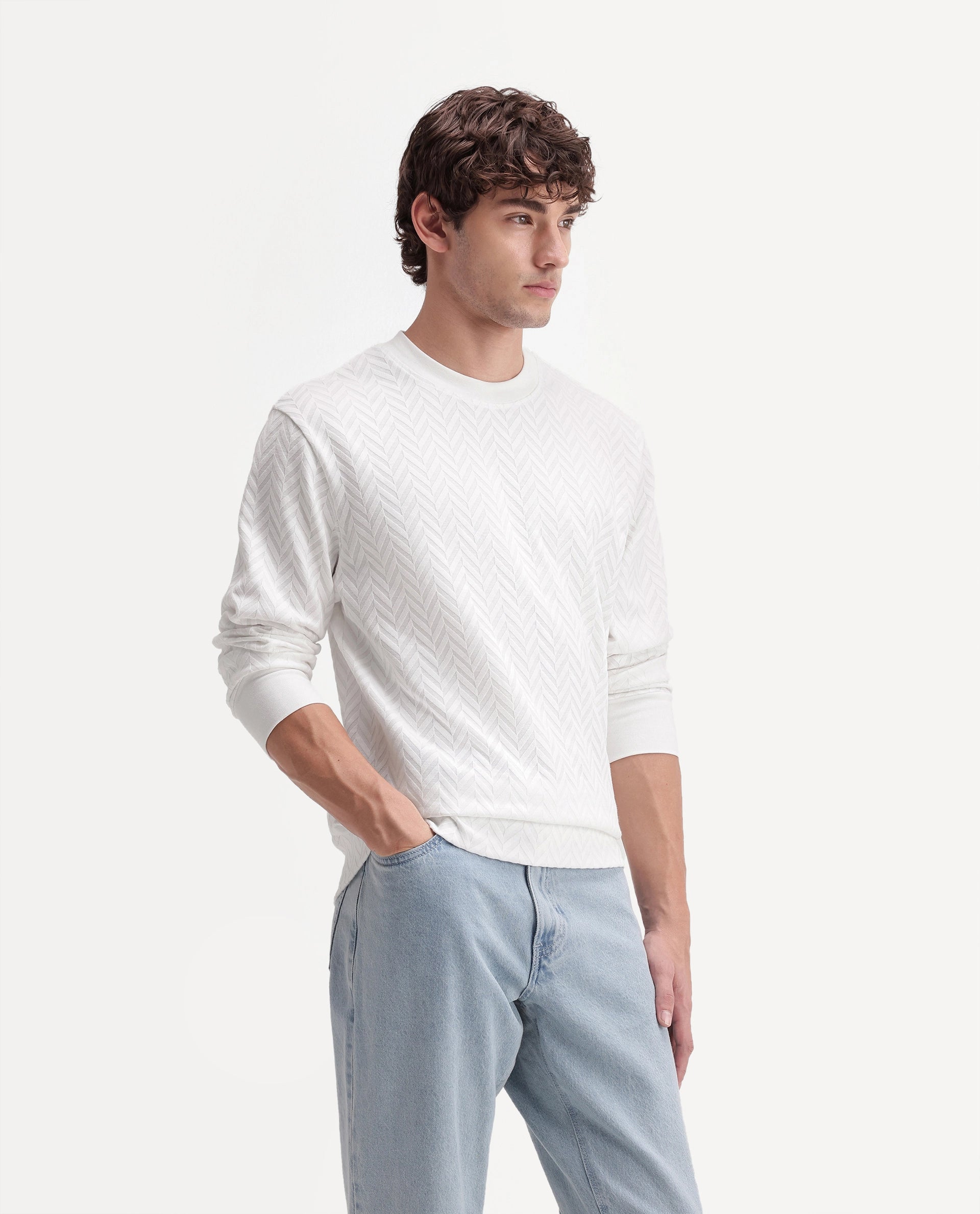 Rare Rabbit Men's Drow Off White Cotton Blend Crew Neck Regular Jacquard Sweatshirt