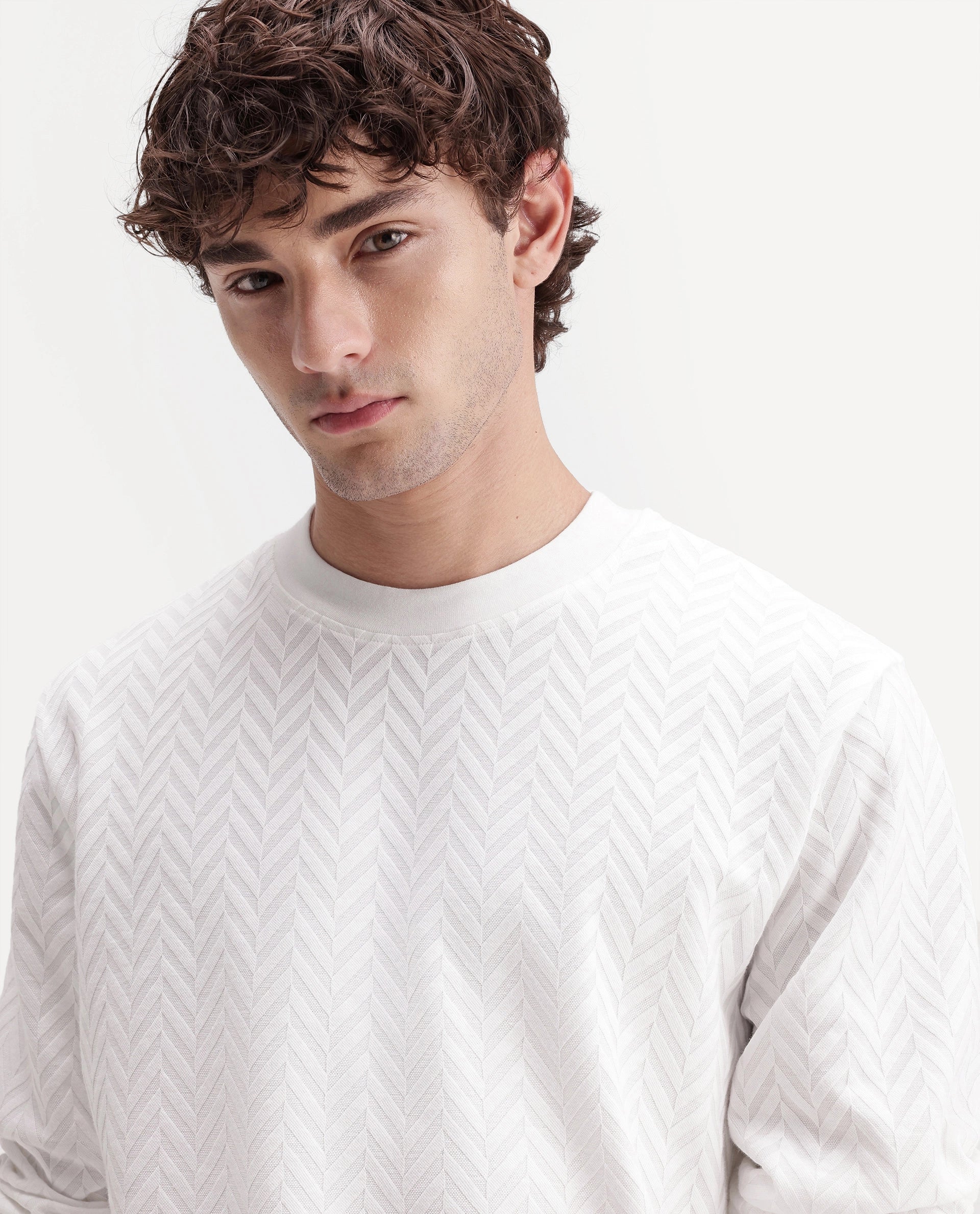 Rare Rabbit Men's Drow Off White Cotton Blend Crew Neck Regular Jacquard Sweatshirt