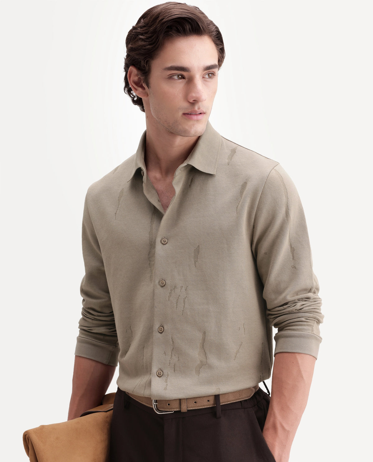 Rare Rabbit Men's Cardin Dusky Olive Cotton Blend Spread Collar Regular Textured Polo