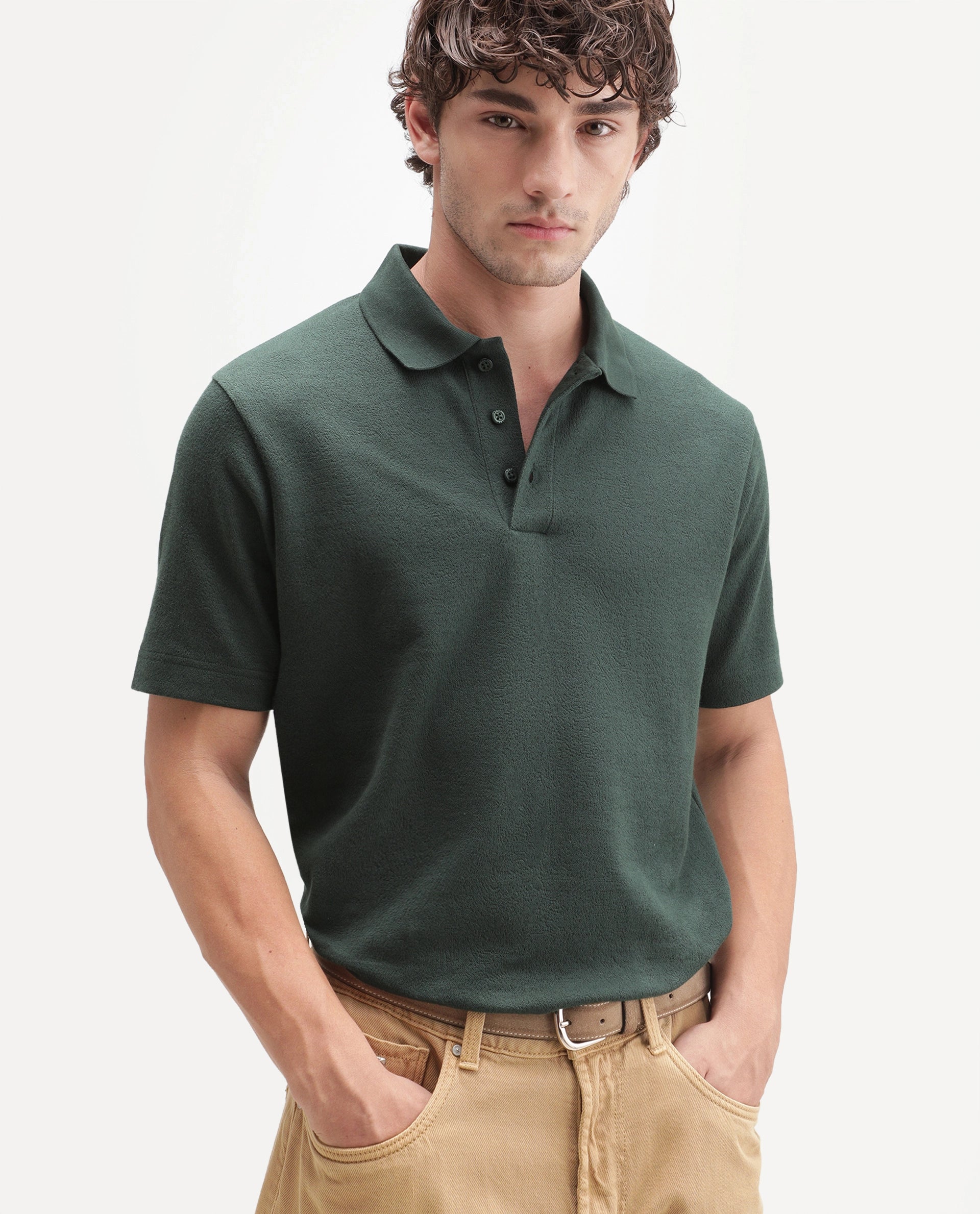 Rare Rabbit Men's Davin-P Dark Green Cotton Blend Spread Collar Regular Plain Polo